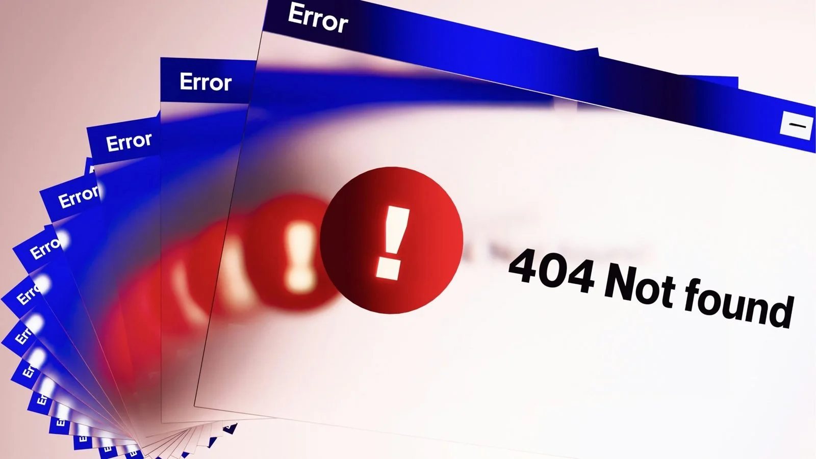 Stack of blue computer error windows with a red exclamation icon and a 404 Not Found message