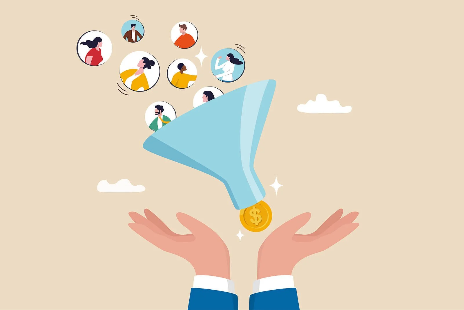 Illustration of hands below funnel with diverse people icons flowing into gold coin on beige background. Prepare for lower search volume and higher costs that affect Google Ads for Therapists campaigns every summer season.