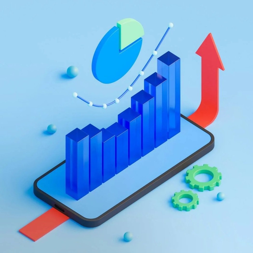 Rising bar chart and upward arrow on a smartphone, showing improved Google Ads conversion rates for a therapy practice