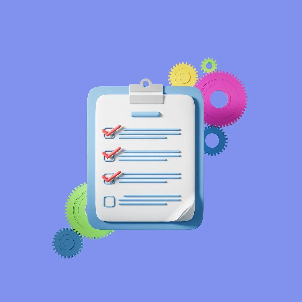 Clipboard checklist with three items checked off and colorful gears, representing a Google Ads campaign setup