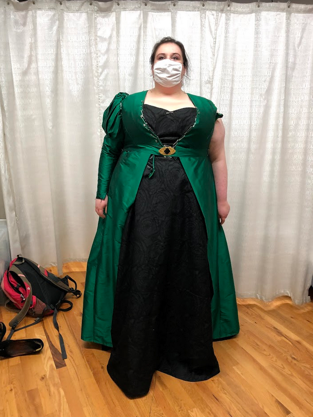 Fashion fitting with full undergarments and underskirt for Arabella.