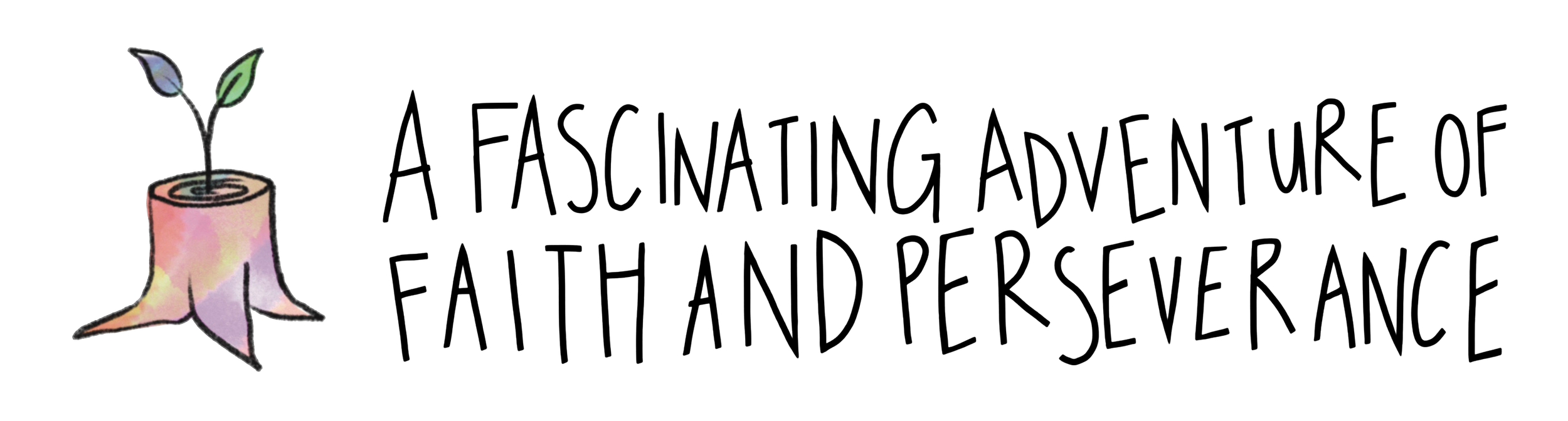 A hand-drawn image of a tree trunk with a small plant sprouting from the top, set against a blank background.