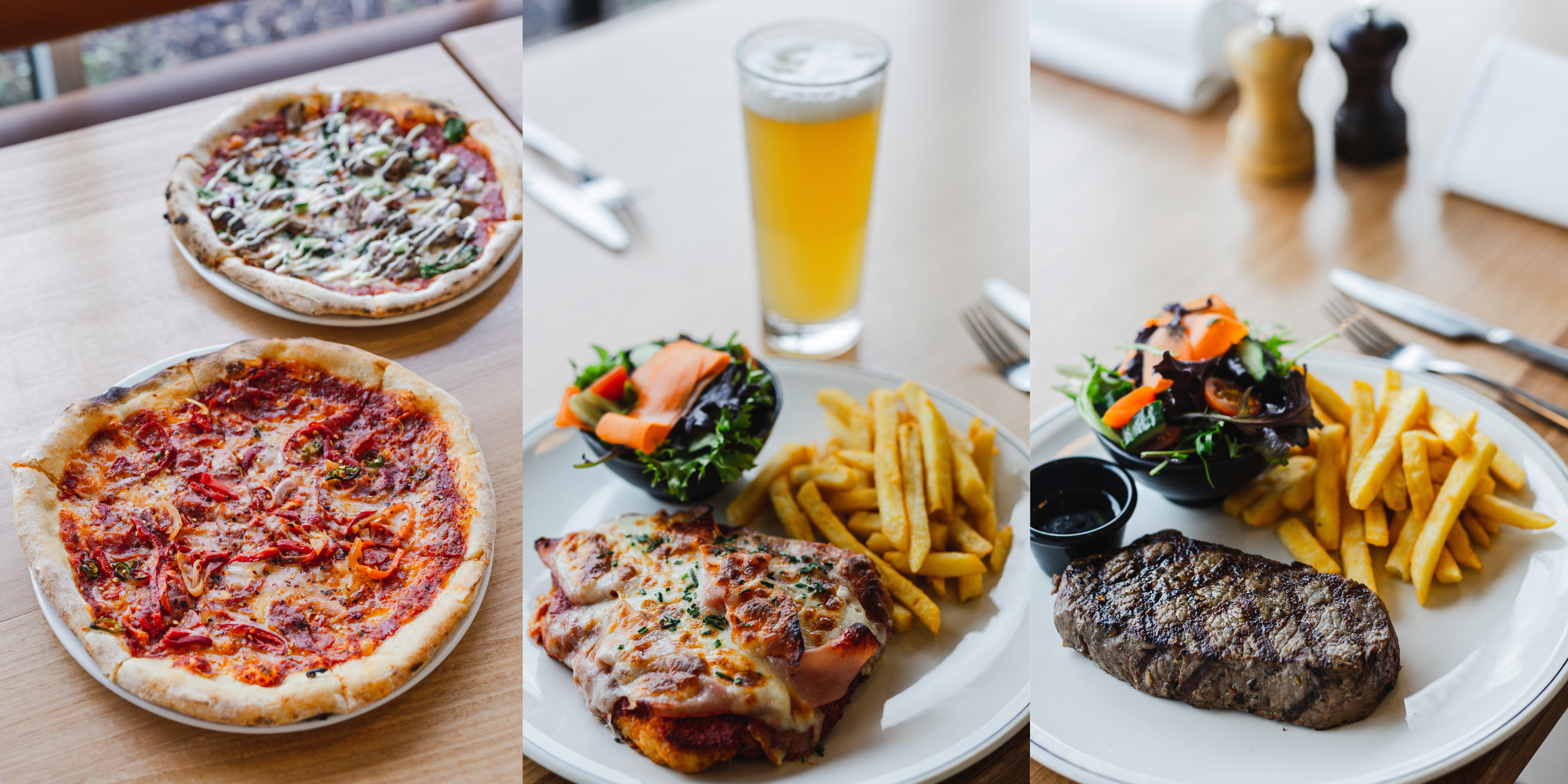 Three dishes: two pizzas, one with pepperoni and red peppers, and the other with mushrooms and green peppers; and a third plate with grilled steak, fries, a small salad with carrots and greens, and a glass of yellow drink.