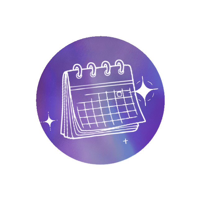 Animated graphic of a calendar on light purple iridescent background with animated white sparkles