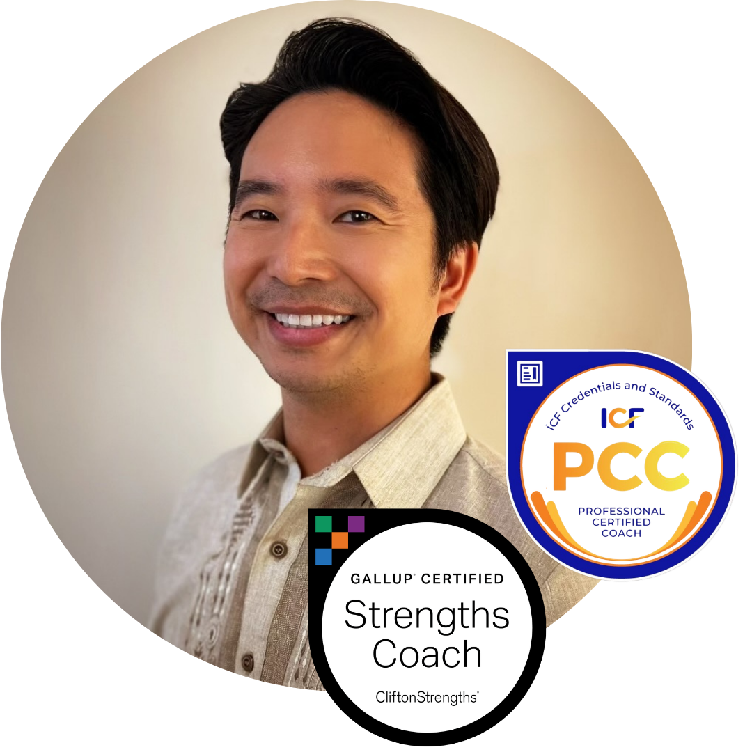A smiling Asian man in a beige embroidered shirt. The image includes badges indicating he is a Gallup Certified Strengths Coach and an ICF Associate Certified Coach.