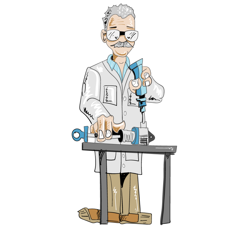 A cartoon scientist with gray hair, glasses, and a mustache wearing a white lab coat, working with a mechanical device on a table.