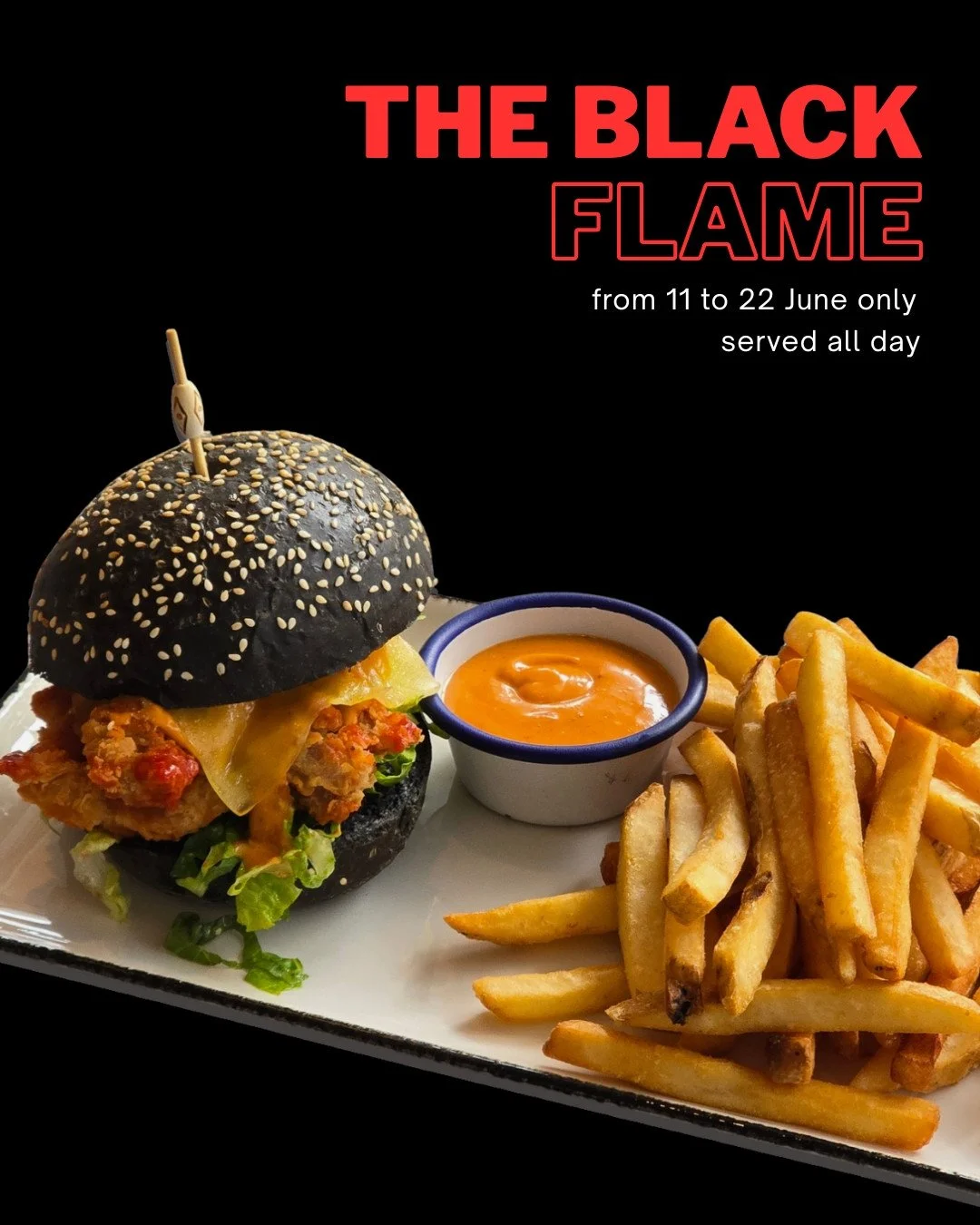Meet The Black Flame. 🖤🔥⁠
⁠
Crispy fried chicken, spicy volcano mayo, cos lettuce, American cheddar, and a charcoal bun bringing the heat a - served with chips.⁠
⁠
 $24. Bold flavour. Limited run.⁠
⁠
Available 11&ndash;22 June only.