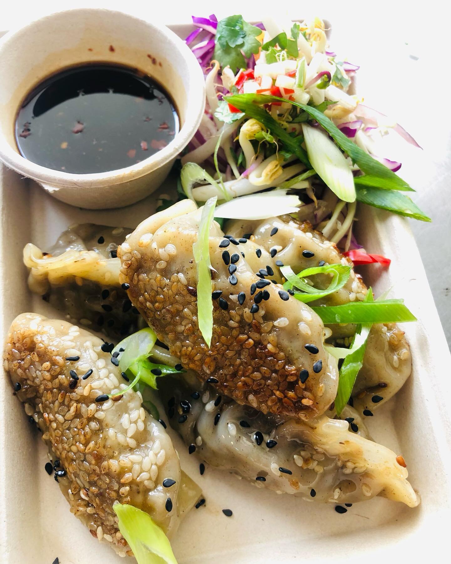 Do you know the best way to refuel after a hard days skiing?! &hellip;delicious dumplings of course!! 
These are our sesame crusted shiitake gyozas&hellip;not only are they yum, they are even vegan!  Served with Asian slaw and a ponzu dipping sauce.

