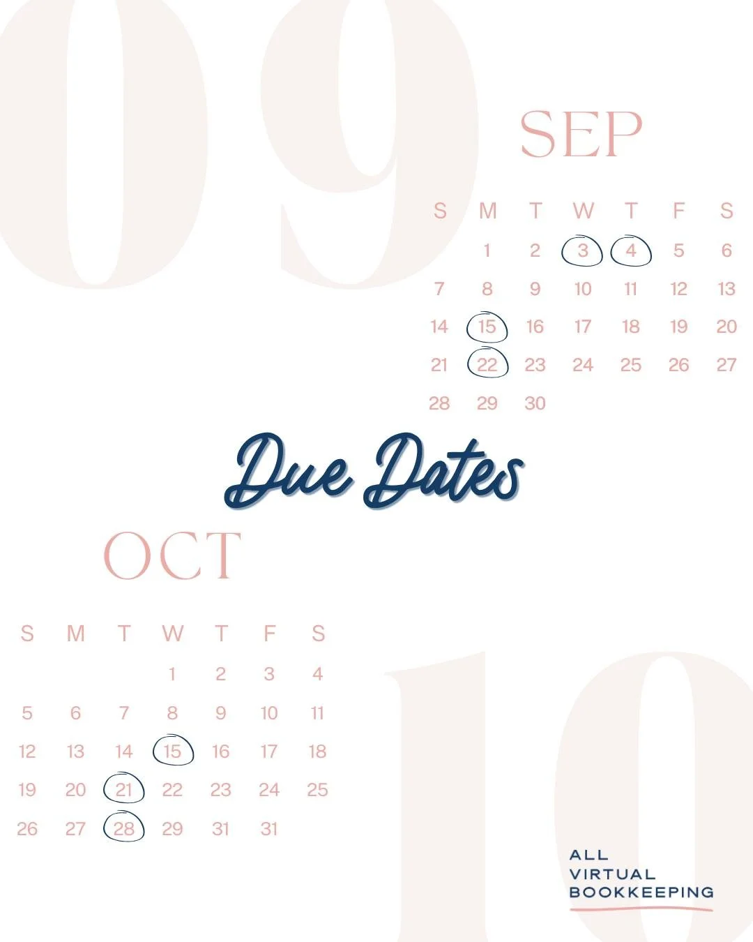 Better late than never... Spring is here! 🌸🌼
September &amp; October due dates (with a couple of AVB work trips) 🥳