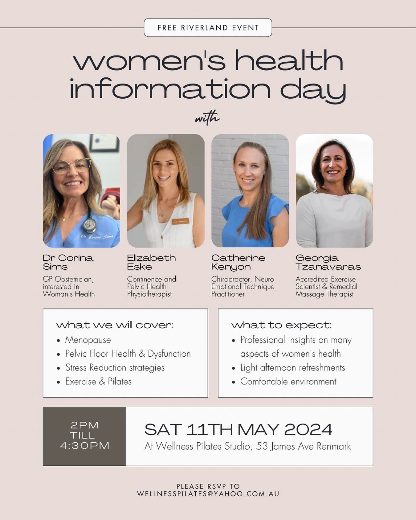 An afternoon full of information around women&rsquo;s health with a variety of speakers all with amazing knowledge to share! 

I will be chatting about the importance of pelvic floor health &amp; common conditions which may occur after having childre