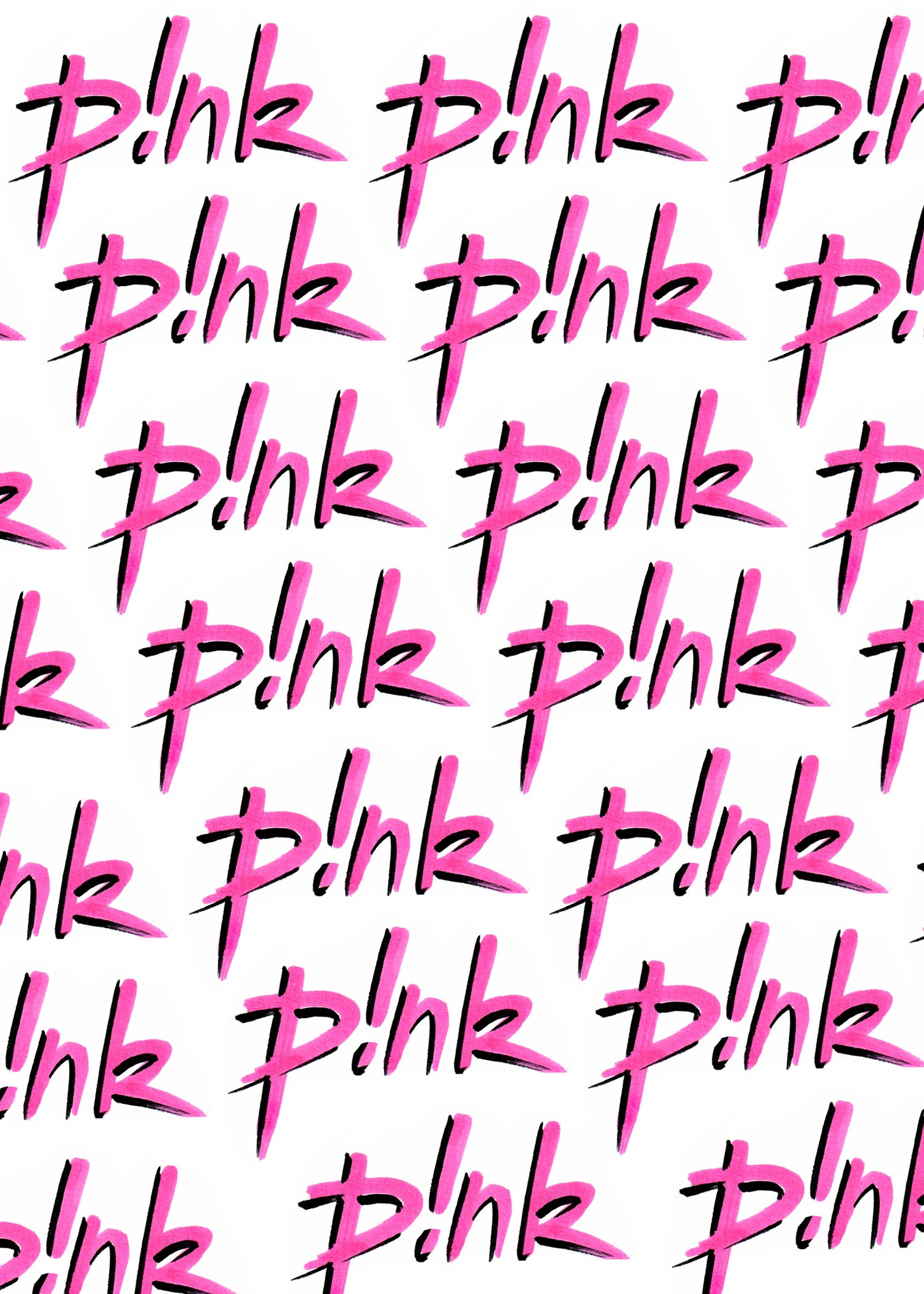 Pattern of the word 'Pi!nk' in pink graffiti-style font on a white background.