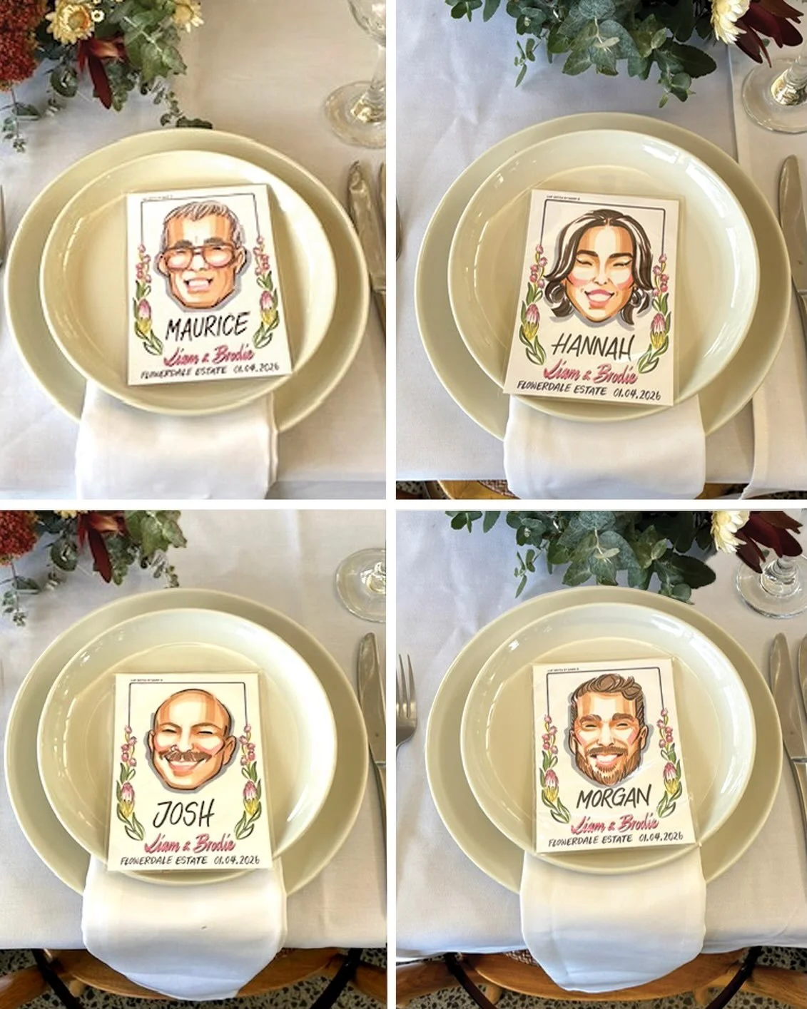 What a dish 🩷 Portraits plated up as Wedding Favours for guests as a surprise upon arrival at Brodie &amp; Liam&rsquo;s celebration at @flowerdaleestate 
&bull;
I love drawing faces. So much character and uniqueness to explore! It was a dream for me