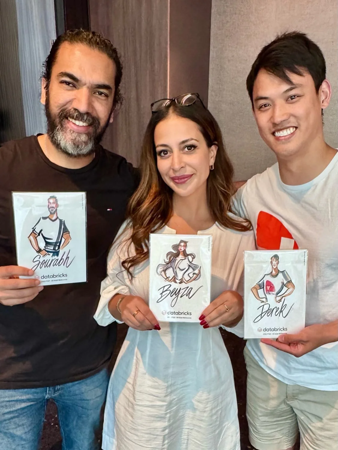 Live Portraits at Networking Events 👋  So lovely to meet and sketch you Sourabh, Beyza, and Derek at the @databricksinc conference at @wmelbourne Thank you for allowing me to capture you with your freshly crafted conference keepsakes!
&bull;
&bull;
