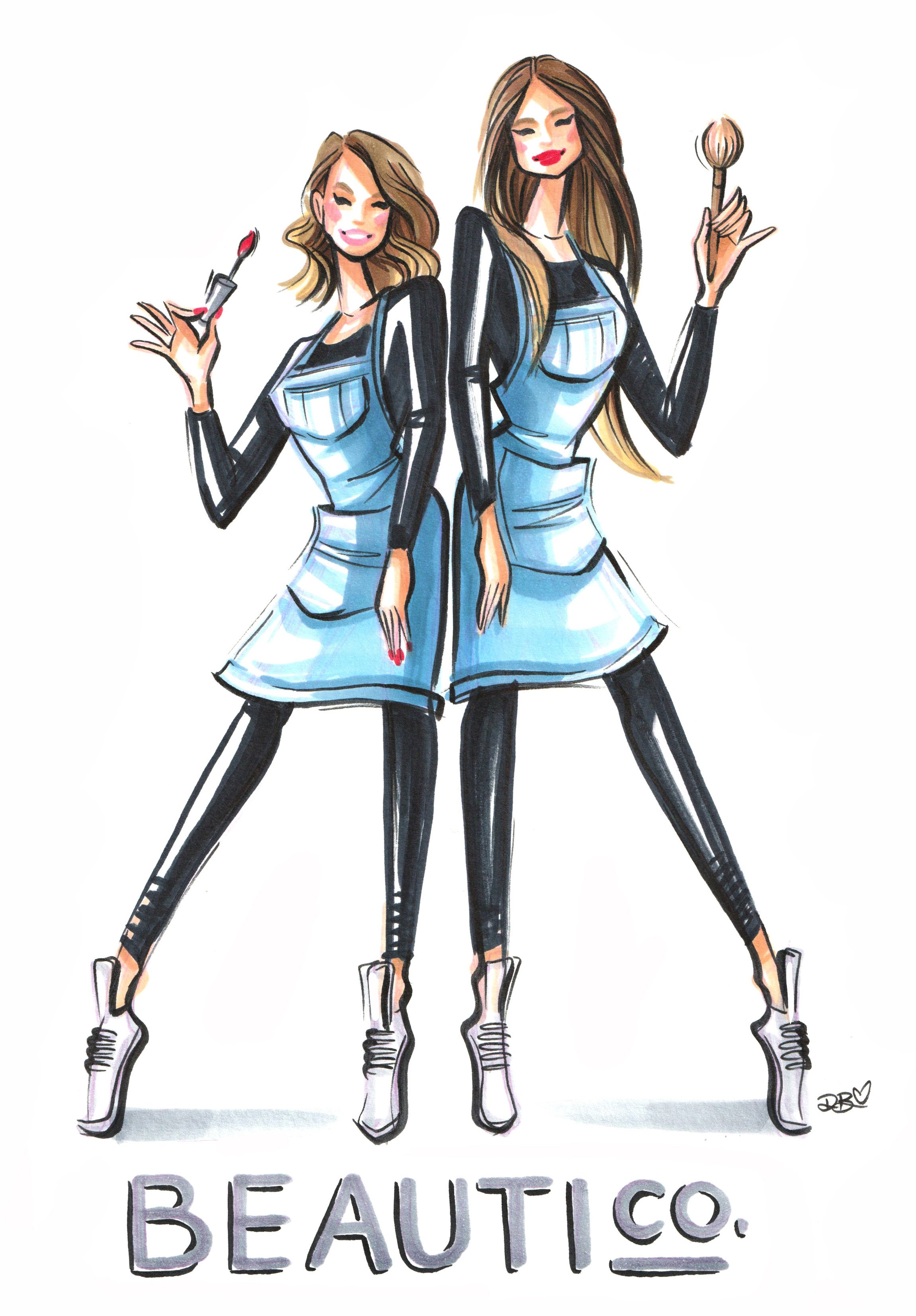 Illustrated women holding makeup tools wearing blue aprons over black outfits, labeled "BEAUTI co."