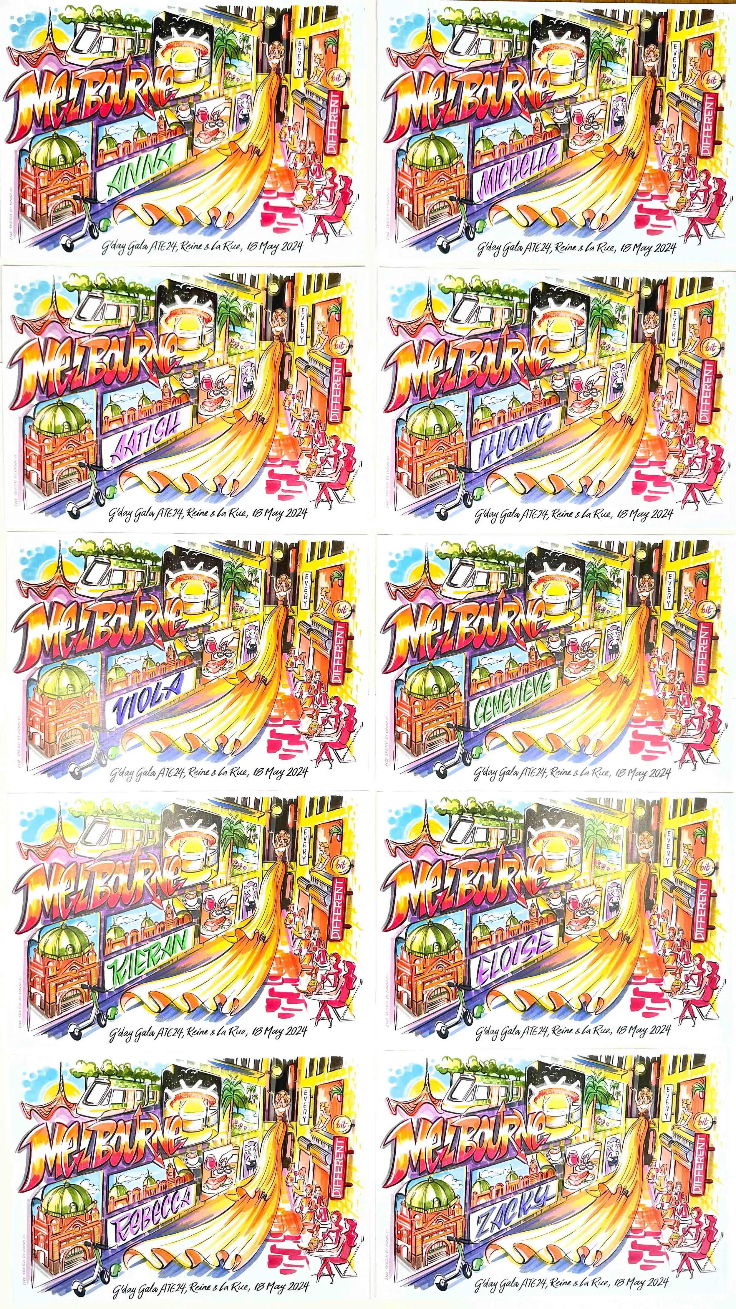 Colorful illustration of Melbourne with text and street scenes, including buildings and outdoor dining, repeated multiple times. Each instance features different names on a large yellow banner.