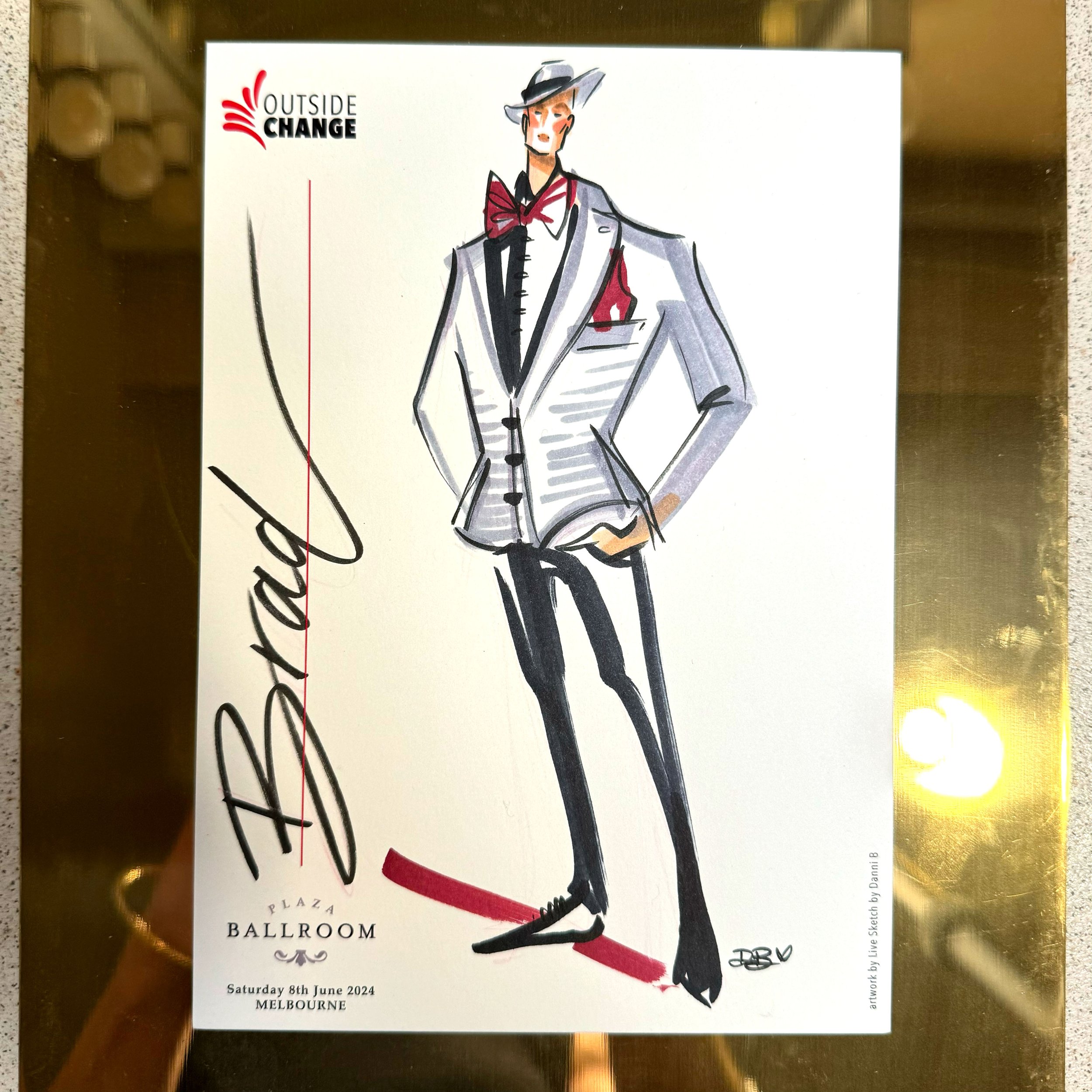 Illustration of a stylishly dressed figure in a suit with a bow tie and hat, signed 'Brad,' against a white background. Includes logo 'Outside Change' and details for an event at Plaza Ballroom in Melbourne on Saturday, 8th June 2024. Art by Lisa Sca