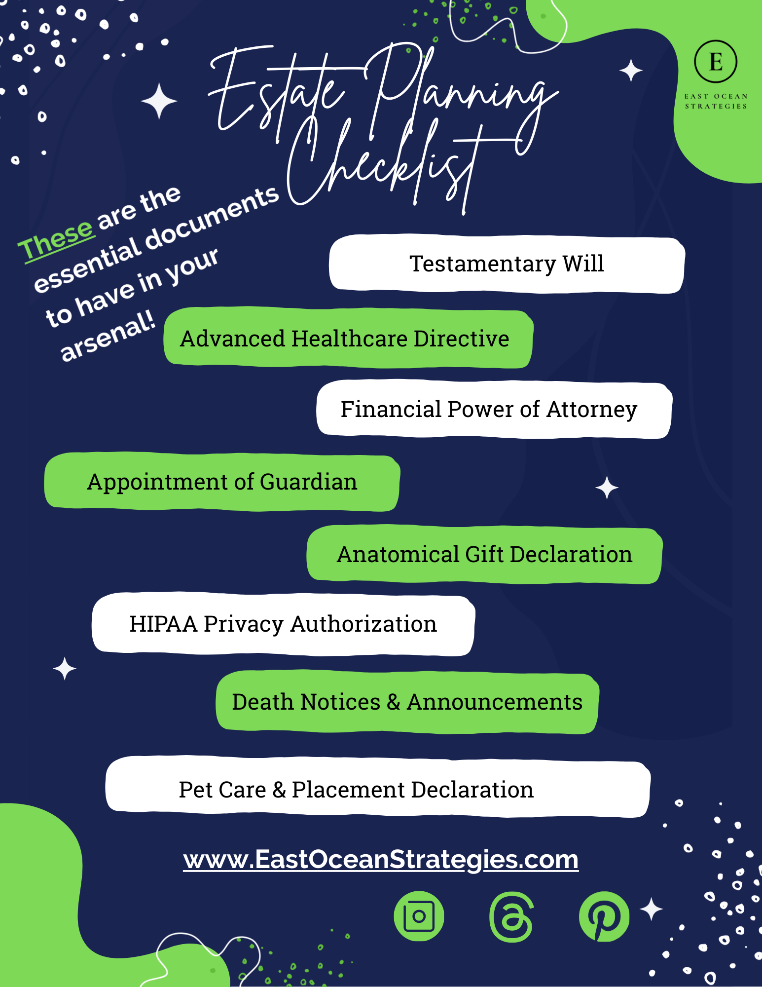 A colorful infographic titled "Estate Planning Checklist" listing essential legal documents such as Testamentary Will, Advanced Healthcare Directive, Financial Power of Attorney, Appointment of Guardian, Anatomical Gift Declaration, HIPAA Privacy Authorization, Death Notices & Announcements, and Pet Care & Placement Declaration. The background is dark blue with green accents and decorative elements.