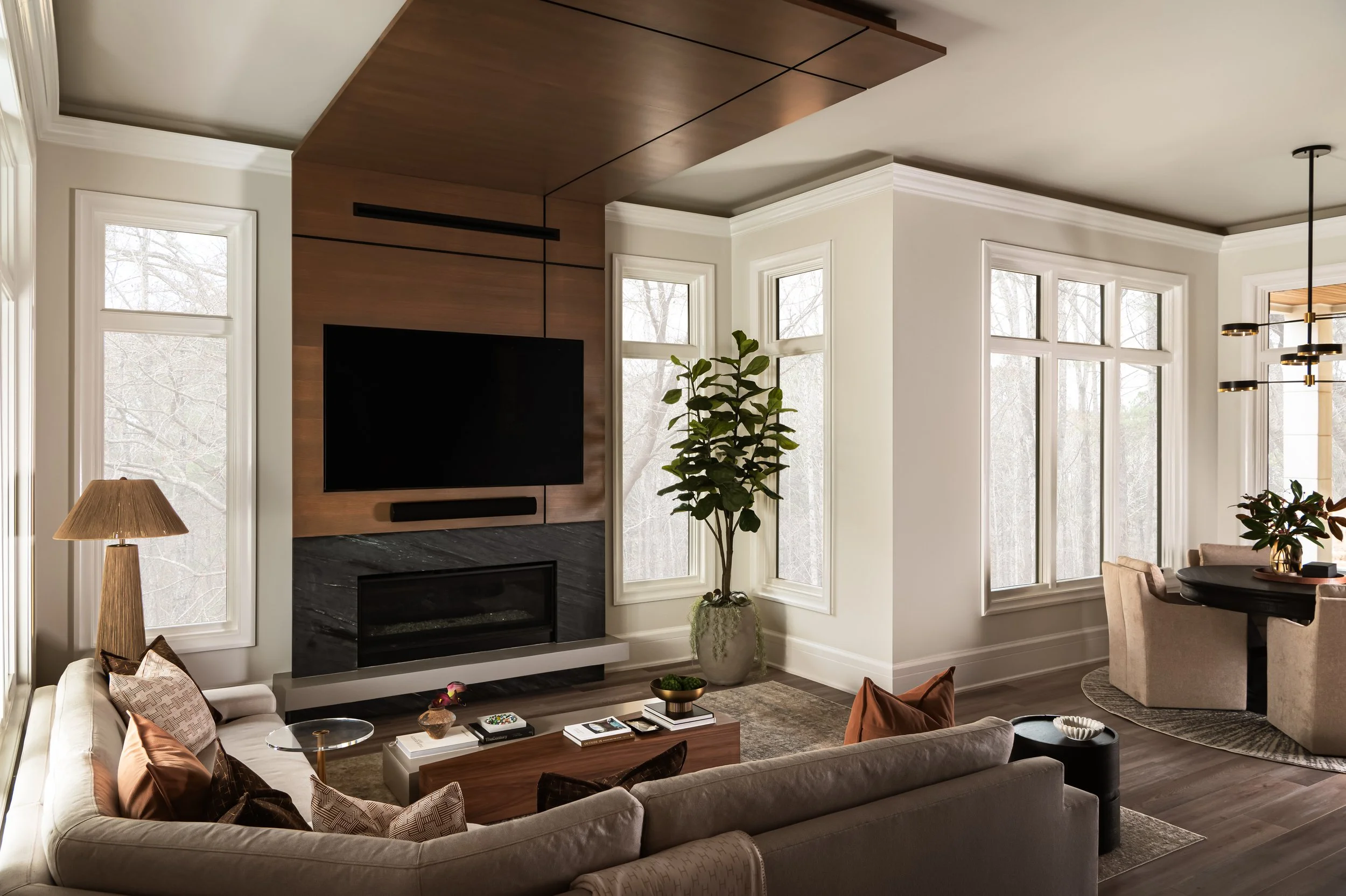Modern Family Room with Linear Fireplace - Co Interiors | Raleigh, NC Interior Design Studio