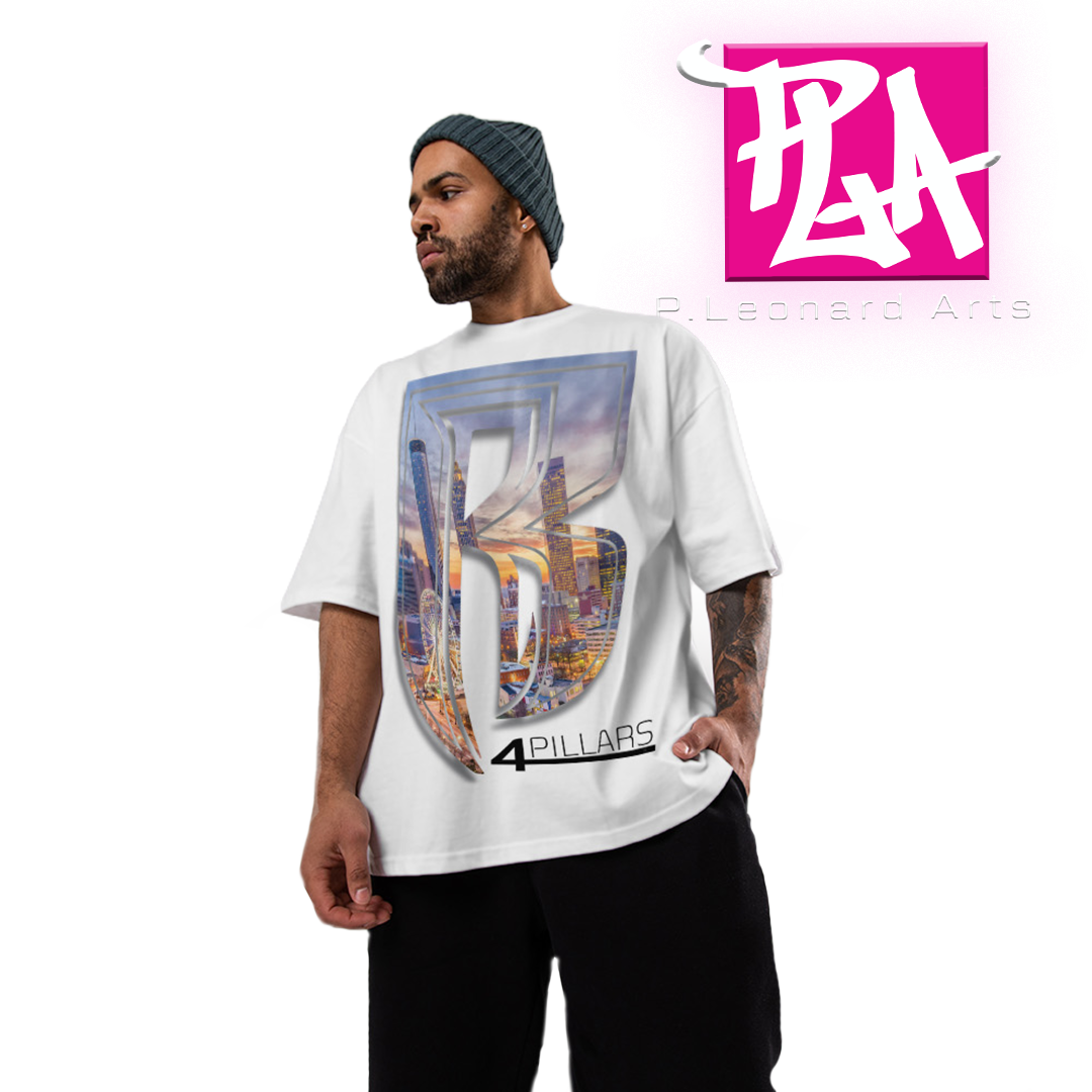 A young man with a beard and mustache wearing a gray beanie, a white oversized T-shirt with a cityscape graphic and the text '4 Pillars,' and black pants, standing against a background with the logo of P. Leonard Arts in pink and purple.