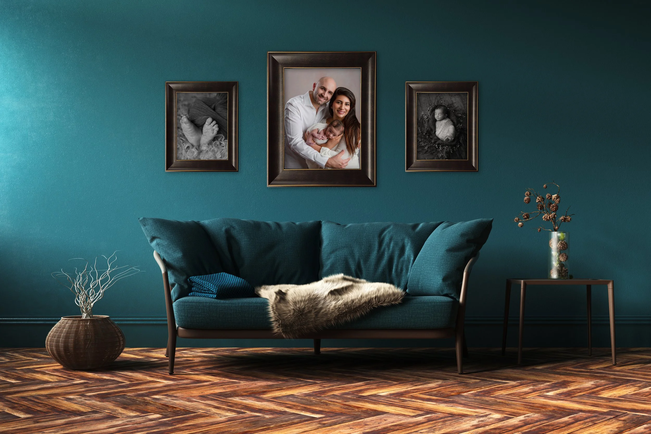 teal living room with three framed newborn pictures by bailey at little fox portraits
