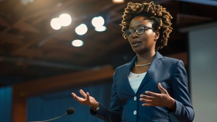 A woman with curly hair and glasses giving a presentation or speech in a conference room.