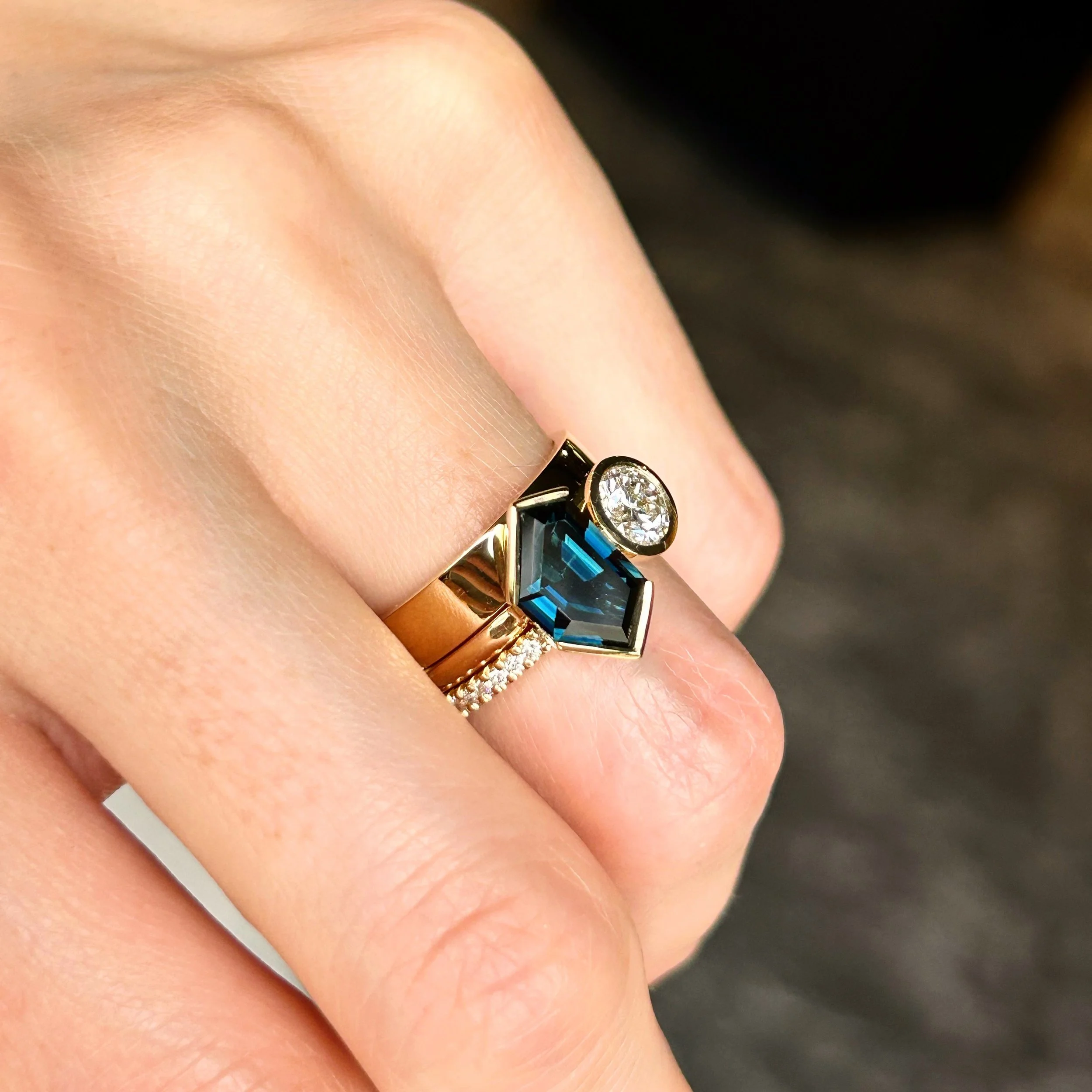 Freeform and diamond bezel set two stone ring