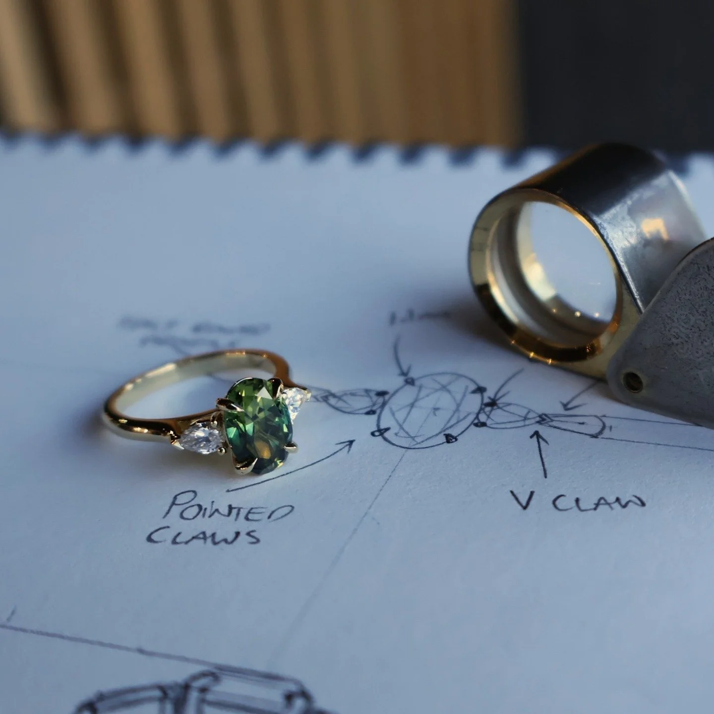 Bespoke - Kate & Jacob 
Kate was looking for a lovely light green Sapphire with hints of yellow and blue, plus bonus points if the stone could be sourced from Queensland as that is where Kate & Jacob are from and where they both met. 
I man