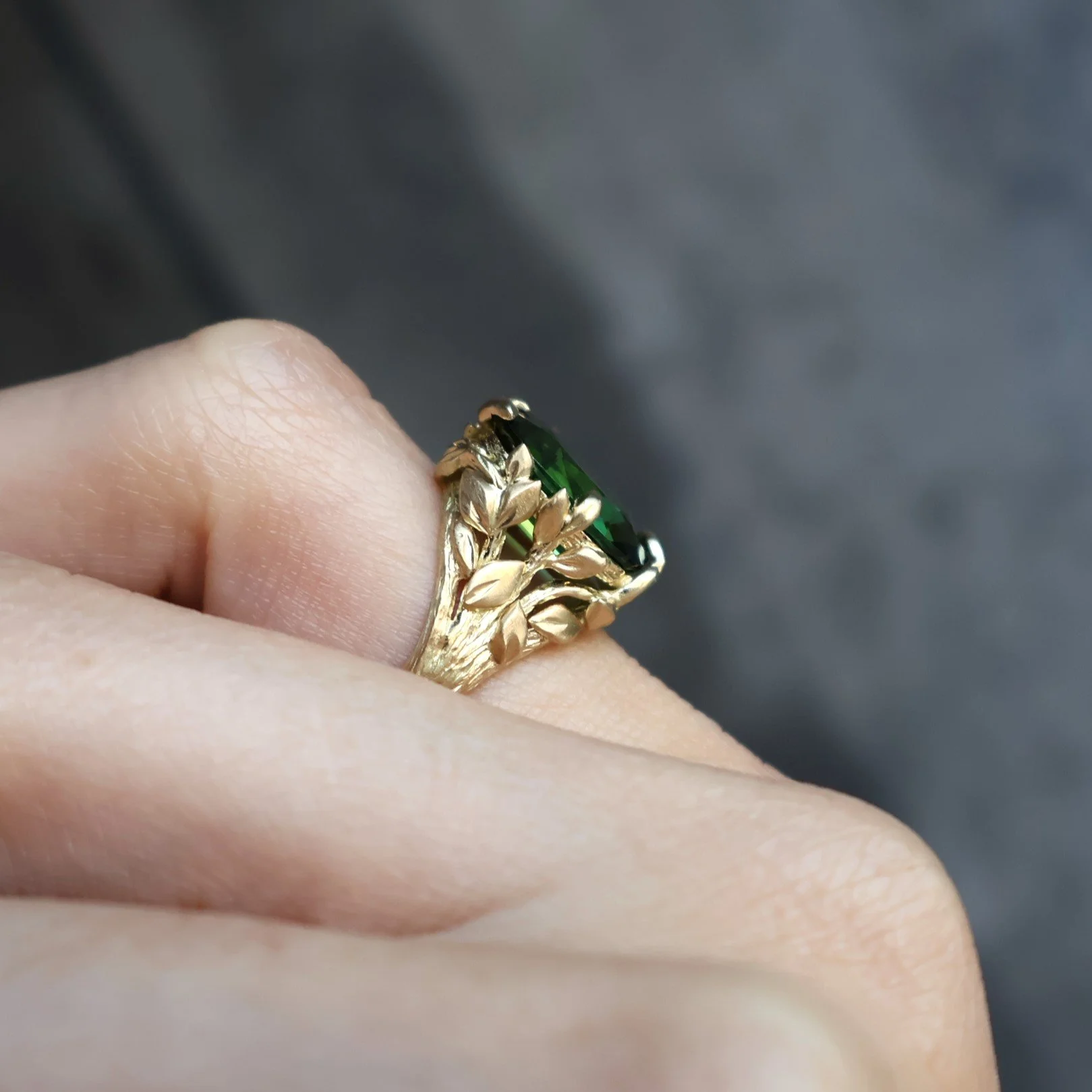 Nature inspired leaf green gemstone ring