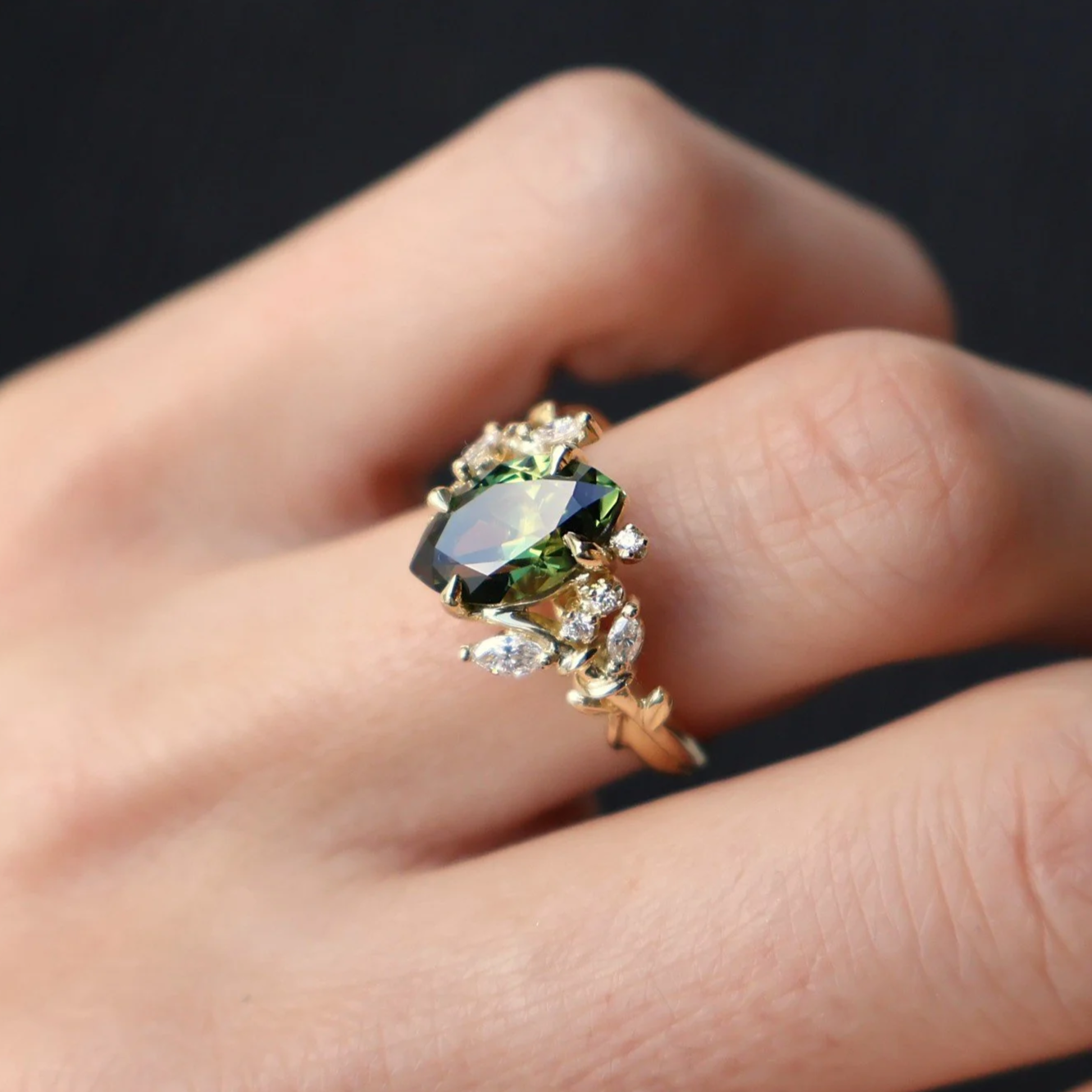 Nature inspired green gemstone engagement ring