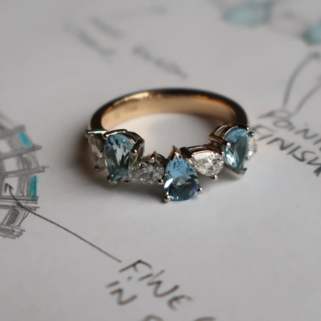 Aquamarine and diamond five stone eternity ring