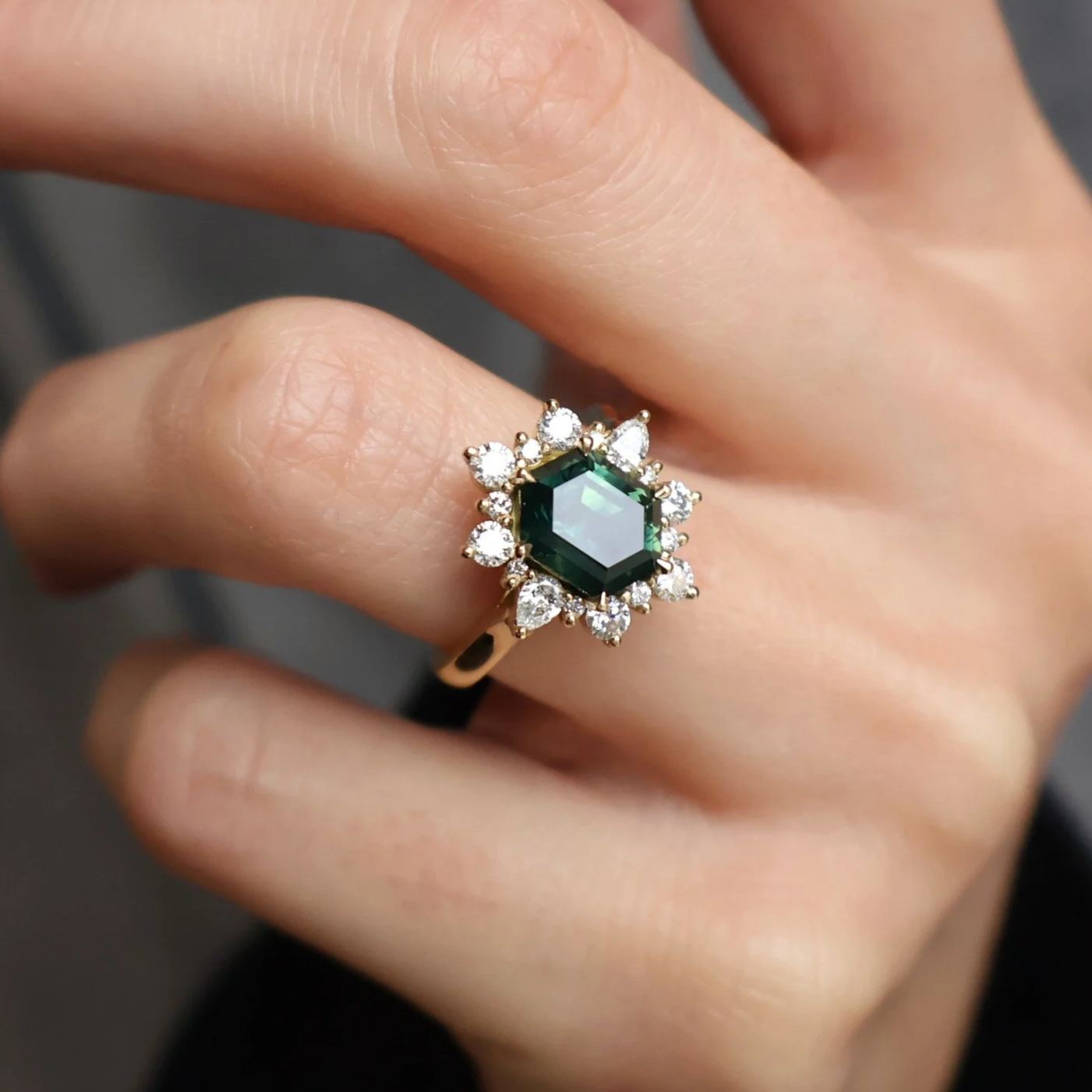 Hexagonal green sapphire and diamond halo engagement ring made on the Sunshine Coast, QLD