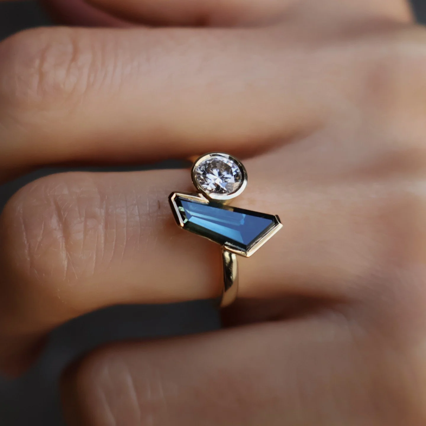 Freeform Blue Sapphire Round Lab Diamond Two Stone Semi Bezel Andrea 1-1 on hand.JPG