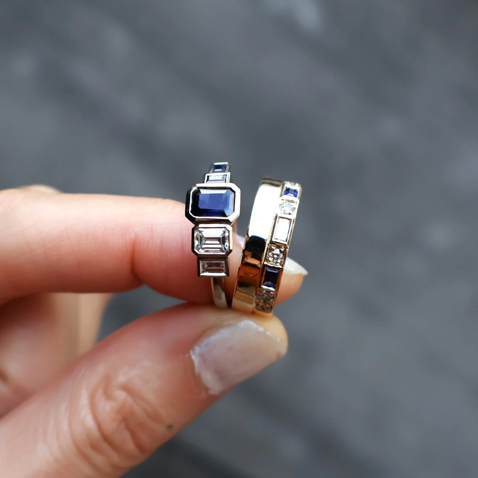Remodel jewellery after image blue emerald cut sapphire and diamond two tone ring stack 1.JPG