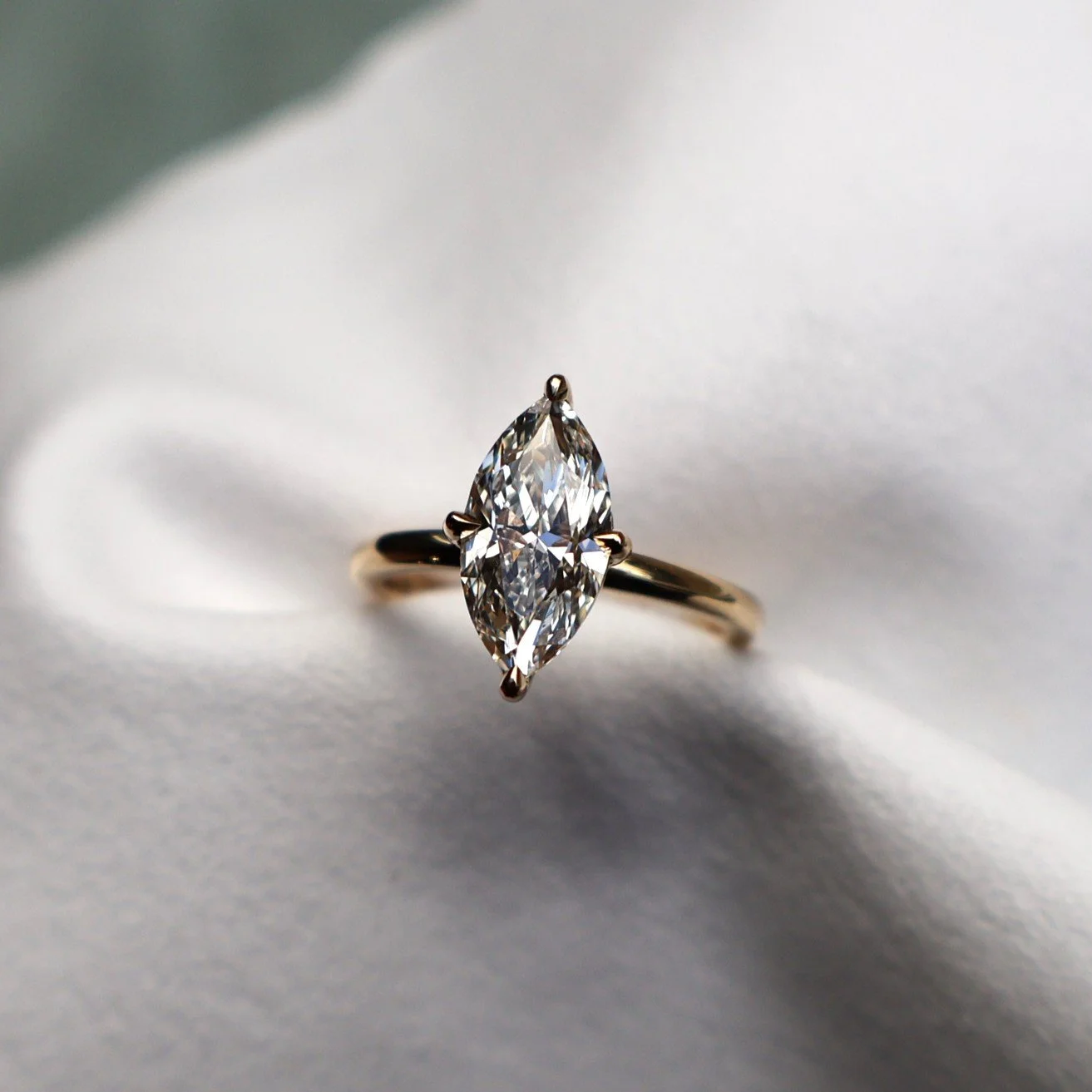Marquise diamond solitaire engagement ring in 18ct yellow gold handmade