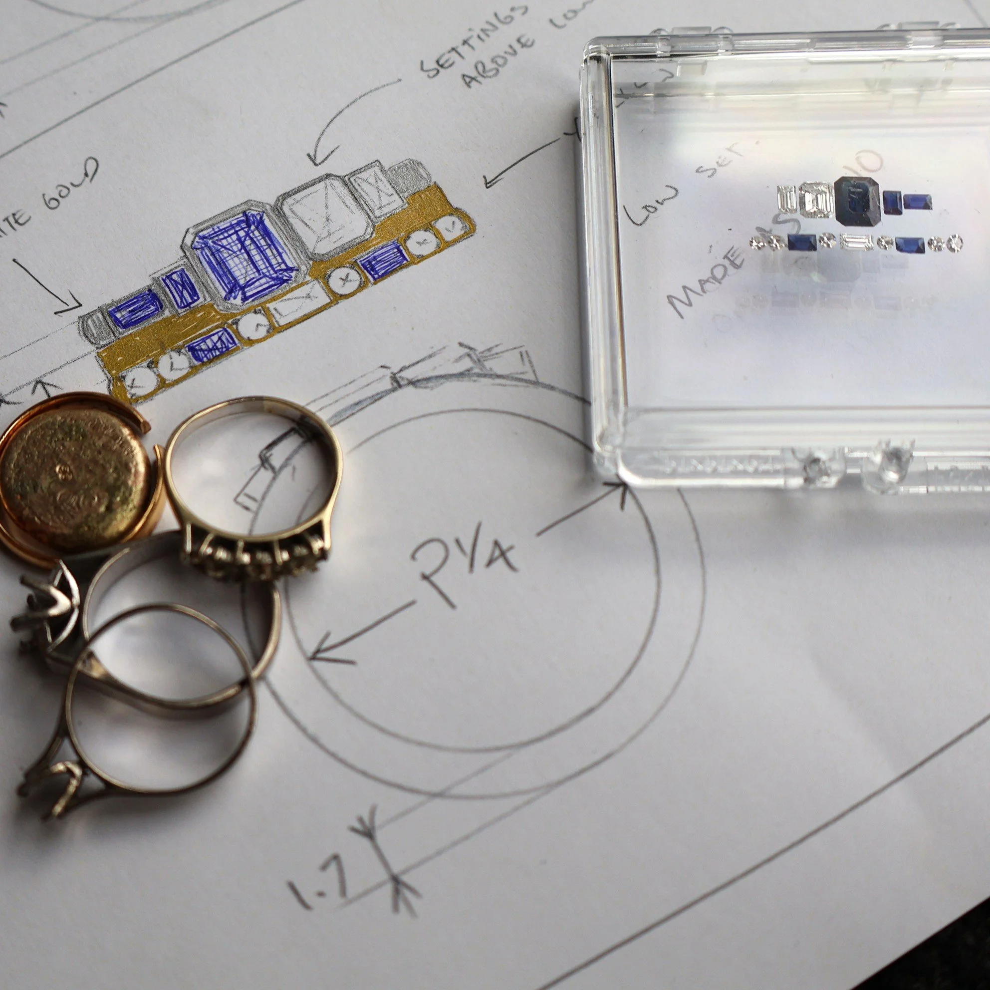 Remodel jewellery before image Julie sapphire and diamond emerald cut rings.JPG