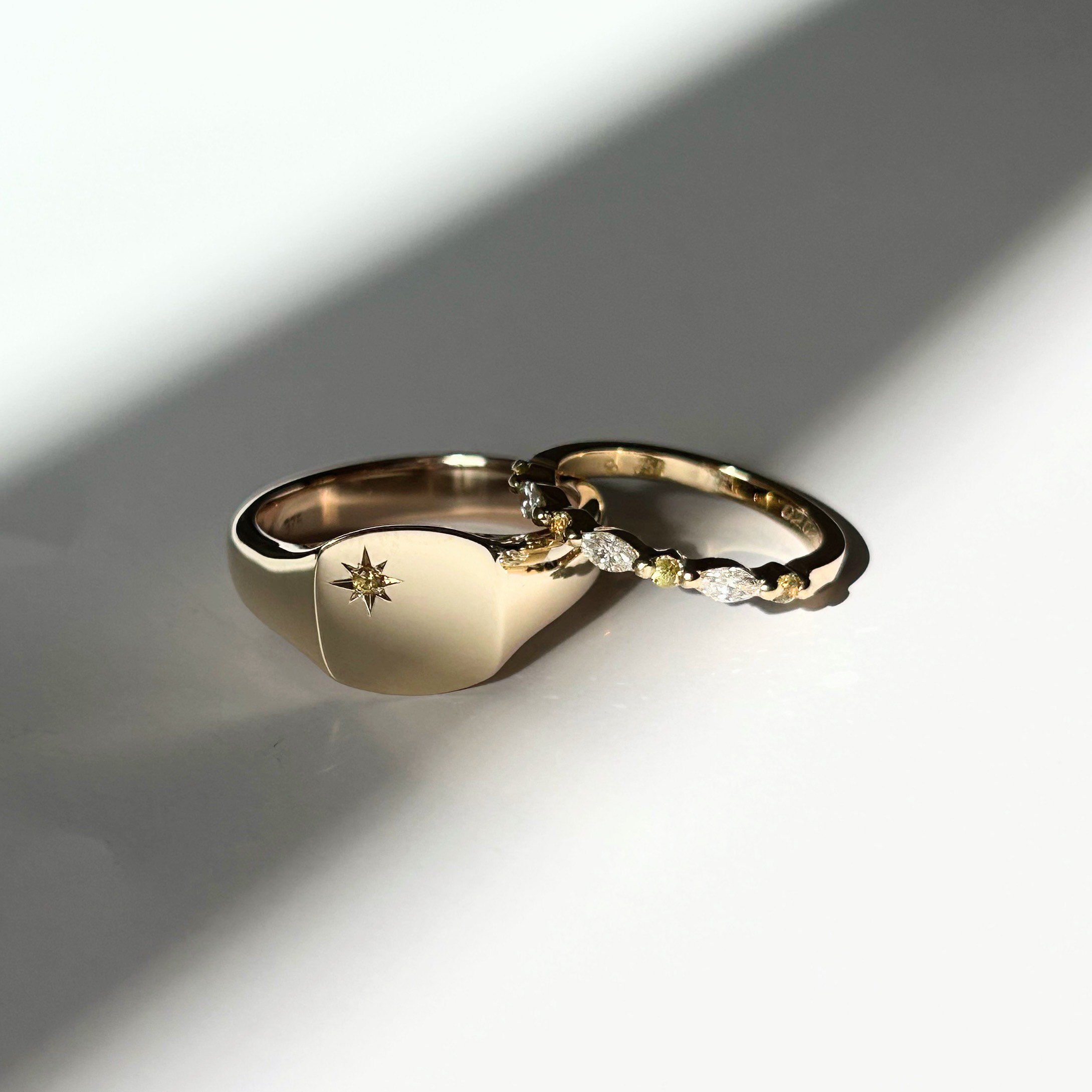 Signet ring and matching diamond set wedding band