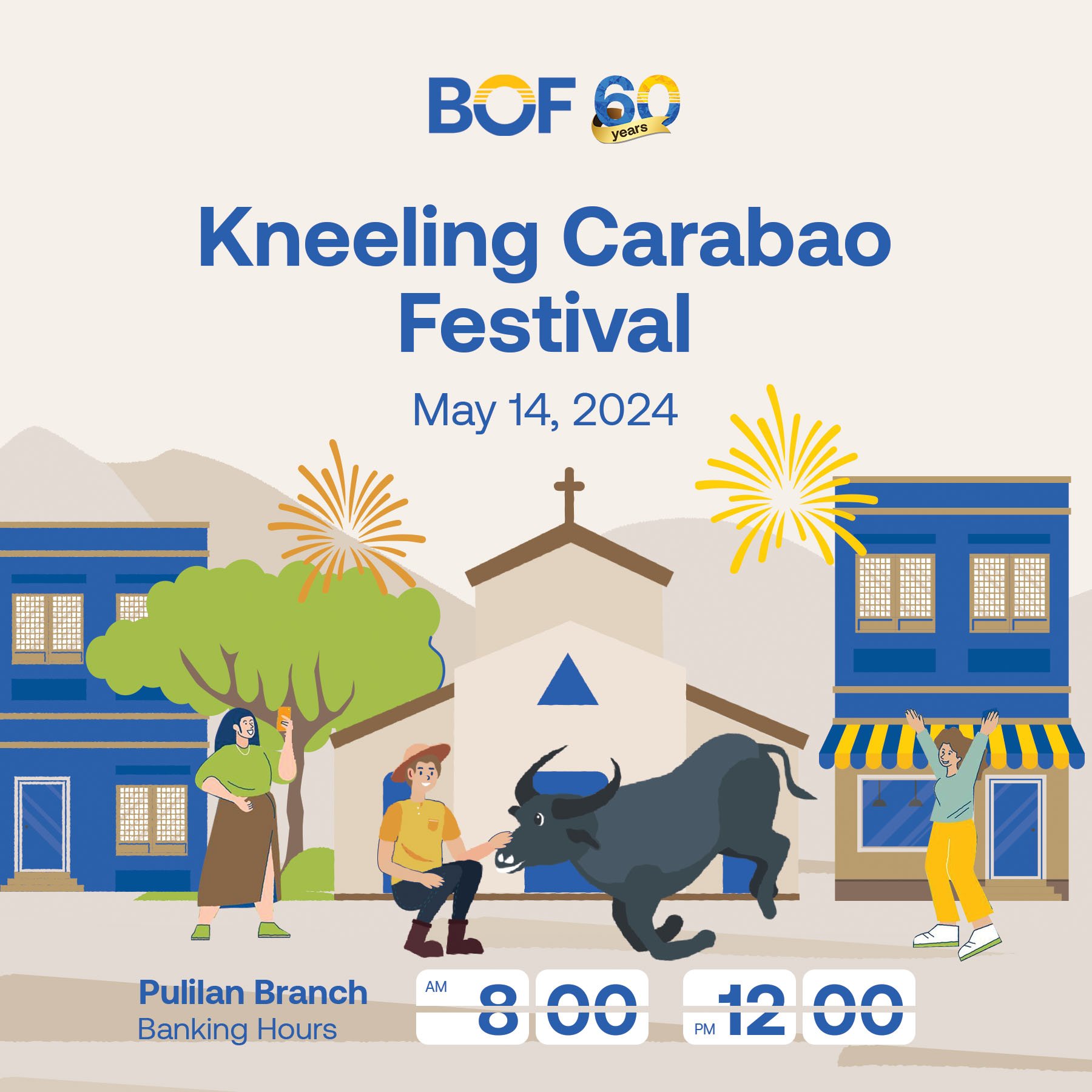 #BankAdvisory

Please be informed that Pulilan branch will be open from 8:00 am to 12:00 nn tomorrow, May 14, 2024 (Tuesday) in observance of the Kneeling Carabao Festival.

Regular banking operations will resume on May 15, 2024 (Wednesday). Please p