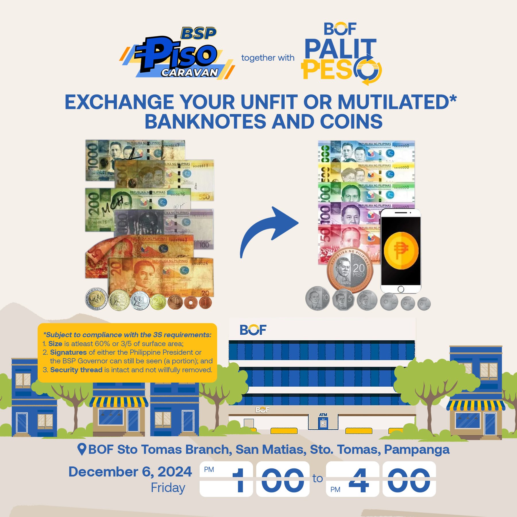 Exchange mutilated or unfit banknotes and coin for new ones! Join us at BSP Piso Caravan and BOF PalitPESO Program.

Date: December 6, 2024 (Friday)
Time: 1:00 PM - 4:00 PM
Location: BOF Sto Tomas Branch

Don't miss this opportunity. See you there!

