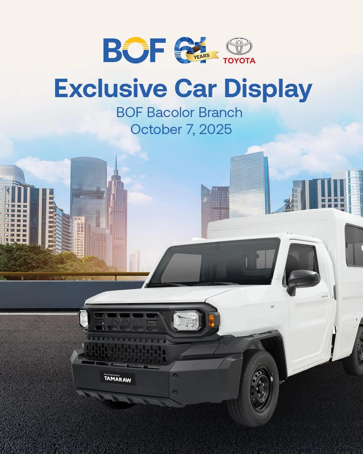 Modern power meets classic reliability, the all-new Toyota Tamaraw is here. Visit us at BOF Bacolor Branch on Tuesday, October 7, 2025, for an exclusive look at this rugged yet functional utility van.

Discover why it's the smart choice for your busi