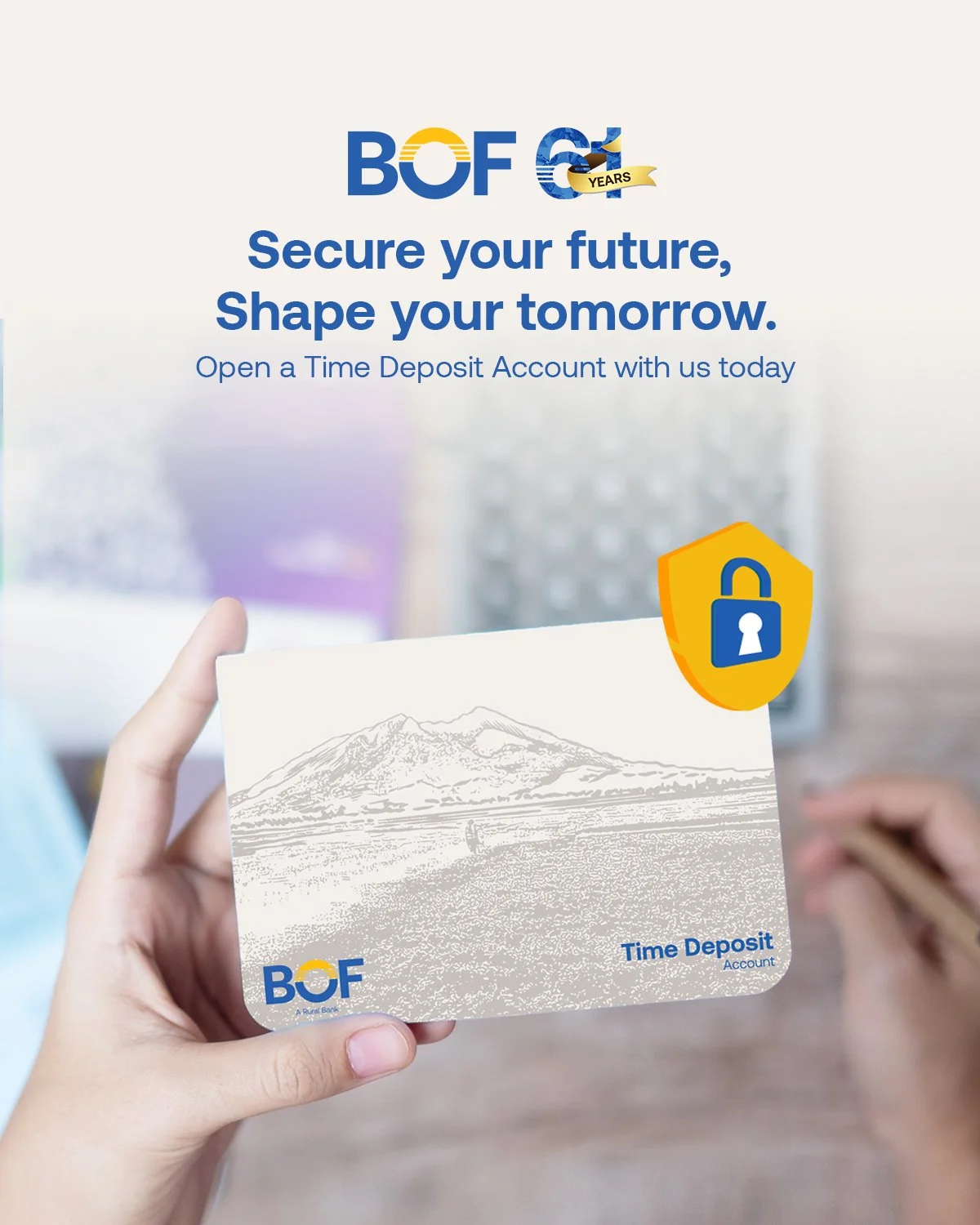 We're here to guide you and provide smart solutions for a brigther future with BOF.
1 valid ID
MInimum Initial Deposit: ₱10,000
#BOF
BOF, Inc. (A Rural Bank) is regulated by the Bangko Sentral ng Pilipinas (www.bsp.gov.ph) and deposits are insured