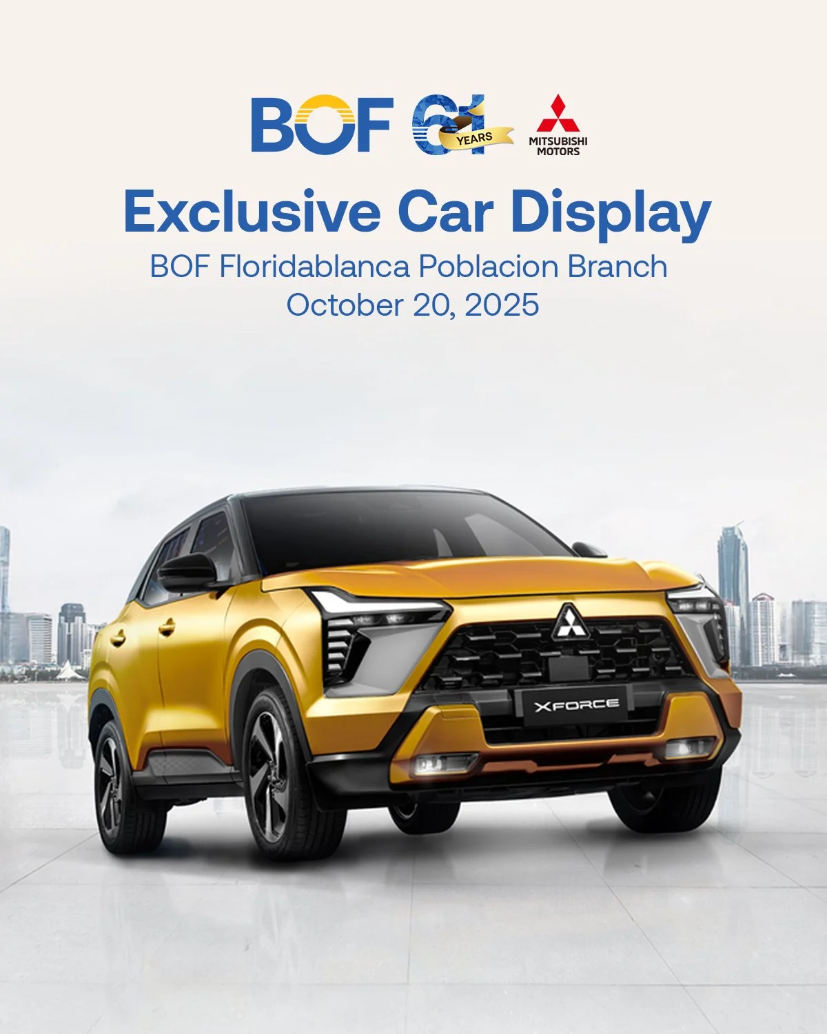 Make every drive memorable with the 2025 Mitsubishi Xforce! Visit us at the BOF Floridablanca Poblacion Branch on Monday, October 20, 2025, to see how this compact SUV combines style, efficiency, and technology in one bold package.
Don’t miss