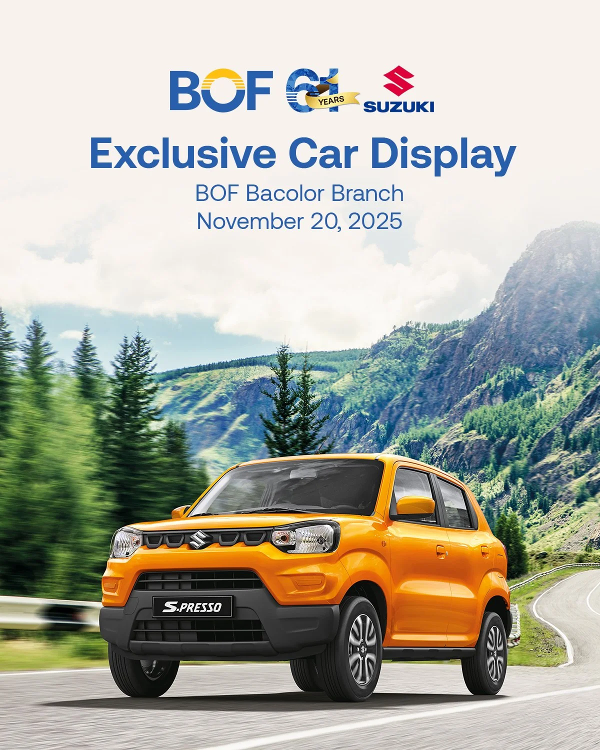 Adventure starts small with the Suzuki S-Presso! Visit us at the BOF Bacolor Branch on Thursday, November 20, 2025, and discover a compact ride made for life, freedom, and everyday excitement.

Try the 2023 S-Presso and feel the boldness packed into 