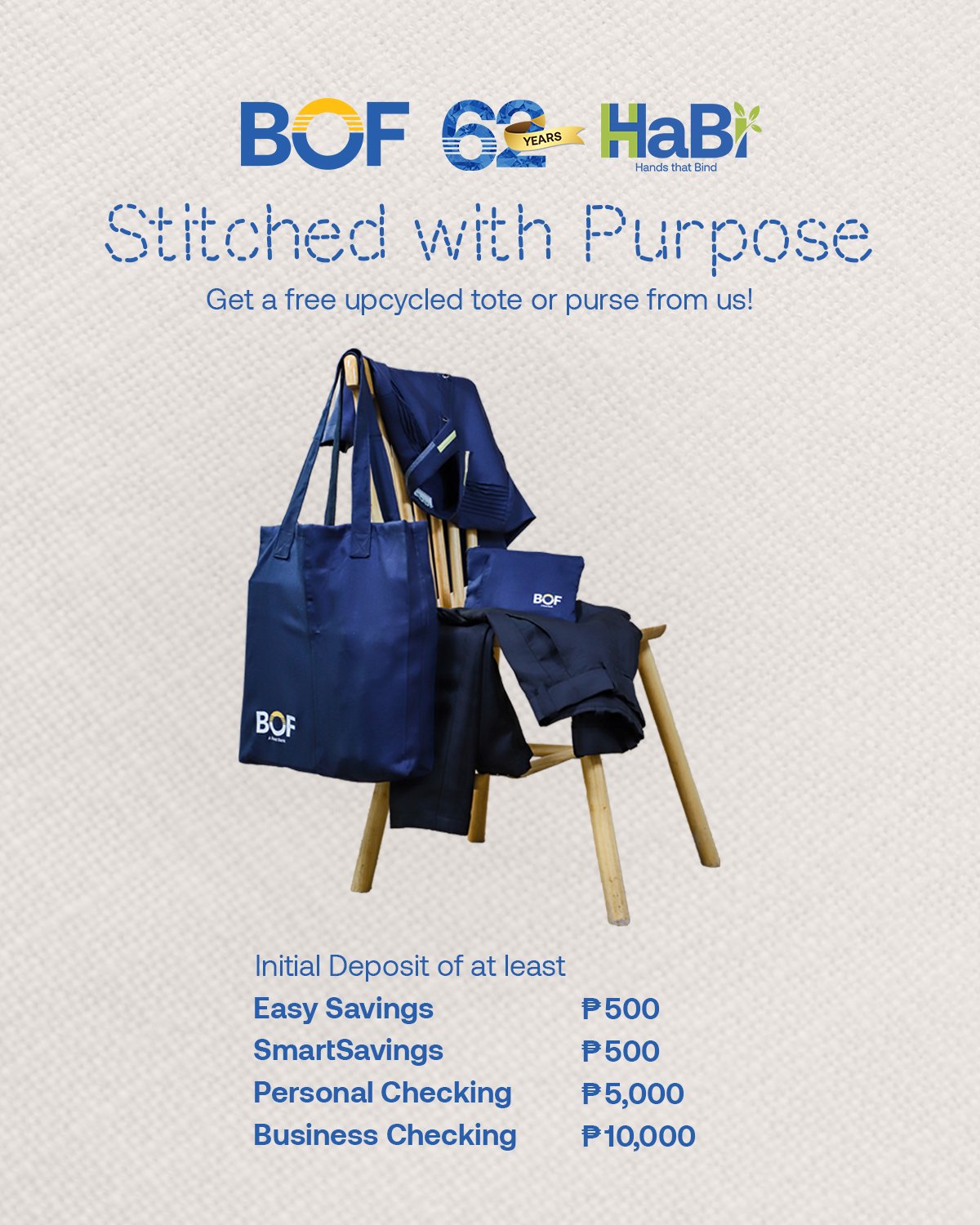 Banking meets sustainability, one tote, one story, one step closer to a greener future.

&bull; Open an EasySavings or SmartSavings Account to get a free purse.
&bull; Open an Personal Checking or Business Checking Account and get a free tote bag.

P