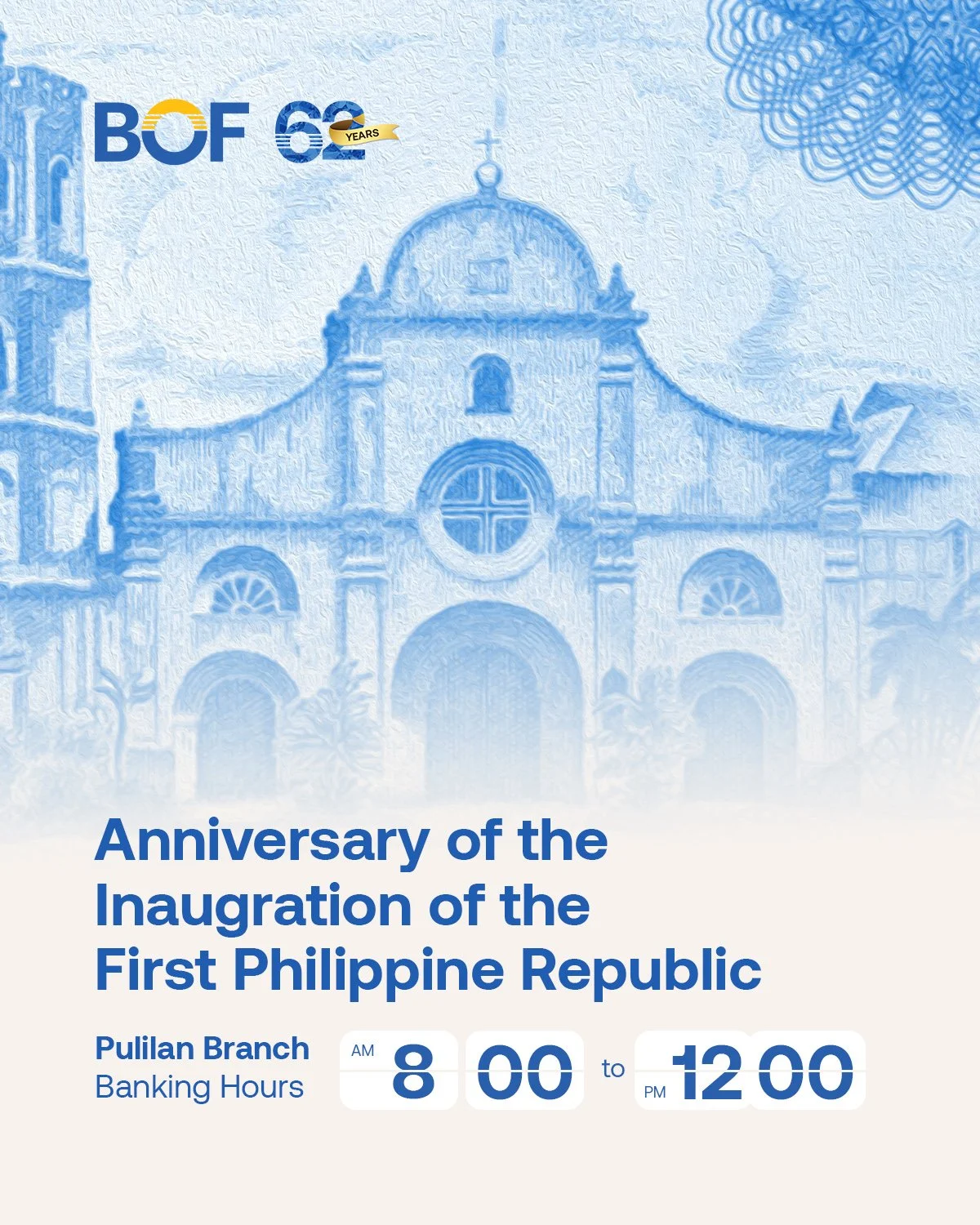 #BankAdvisory

Please be informed that the BOF Pulilan Branch will be operating on shortened banking hours on the upcoming holiday.

January 23, 2026 (Friday)
Banking Hours 8:00 am to 12:00 pm

Regular banking hours will resume on the following banki