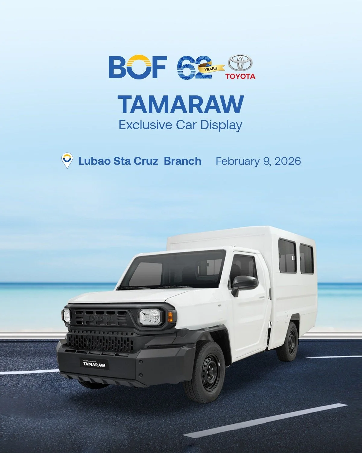 Elevate your everyday drive with the Toyota Tamaraw. Visit us at the BOF Lubao Sta. Cruz Branch today, February 9, 2026, and discover a dependable vehicle that blends strength, practicality, and comfort for both work and daily life.

See it up close 