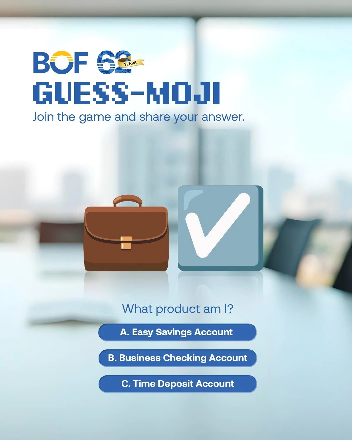 Come play! Can you guess the BOF product using these emojis?

Drop your answer in the comments and let&rsquo;s see who gets it right!

https://bof.com.ph/passbook-accounts

#BOF

BOF, Inc. (A Rural Bank) is regulated by the Bangko Sentral ng Pilipina