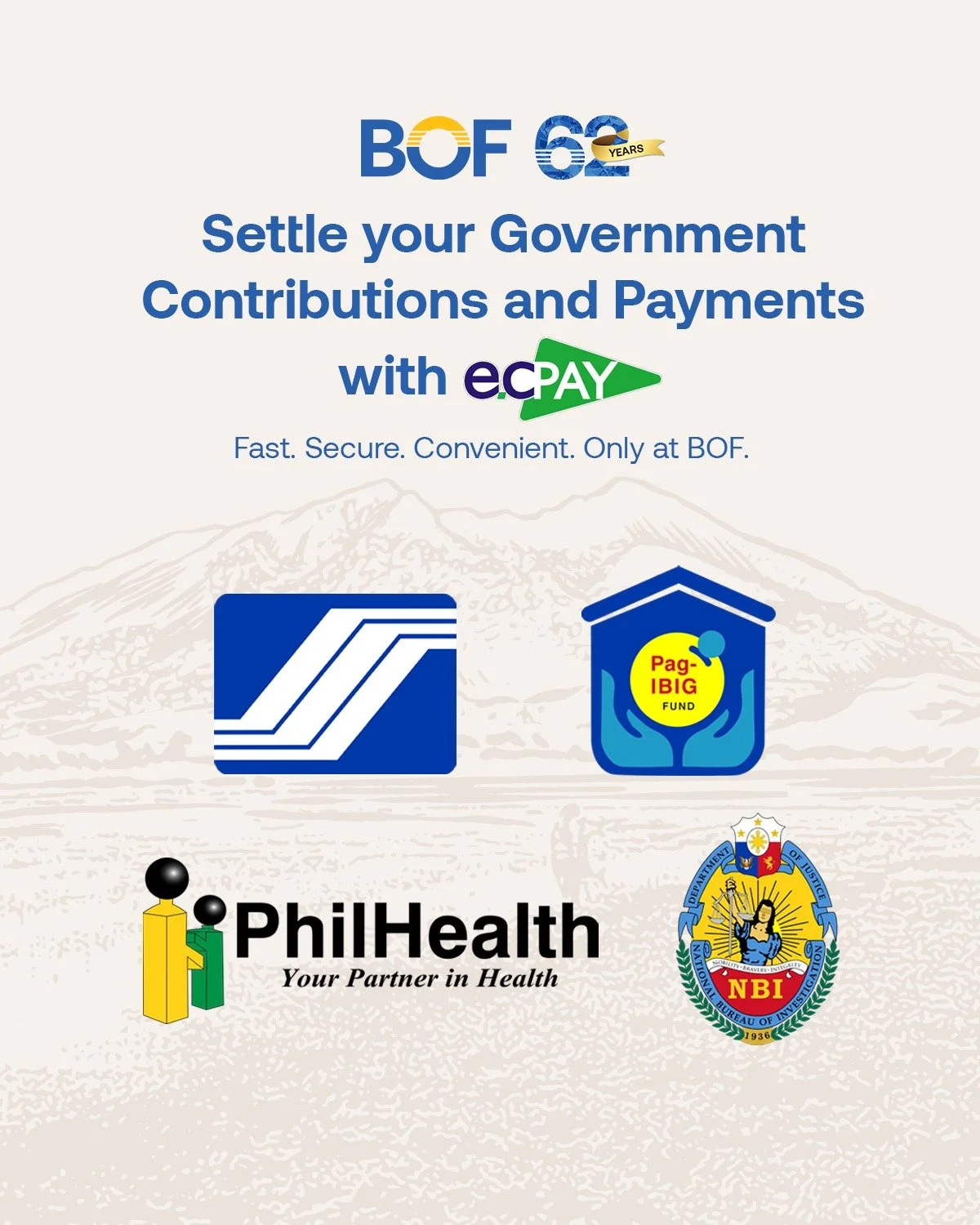 BOF makes paying your government dues fast, safe, and convenient through ECPay. 

Visit your nearest BOF branch today!

https://www.bof.com.ph/services 

#BOF

BOF, Inc. (A Rural Bank) is regulated by the Bangko Sentral ng Pilipinas (www.bsp.gov.ph) 