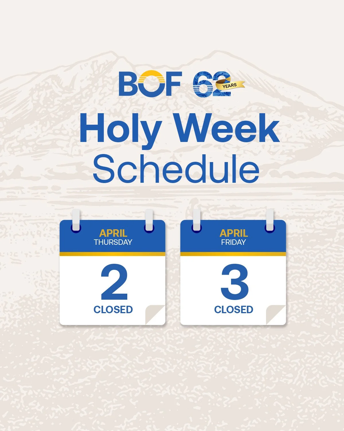 #BankAdvisory

Please be informed that all BOF branches will be closed for the Holy Week.

April 2, 2026 (Thursday) - Maundy Thursday
April 3, 2026 (Friday) - Good Friday

Regular banking operations will resume on the following banking day, April 6, 