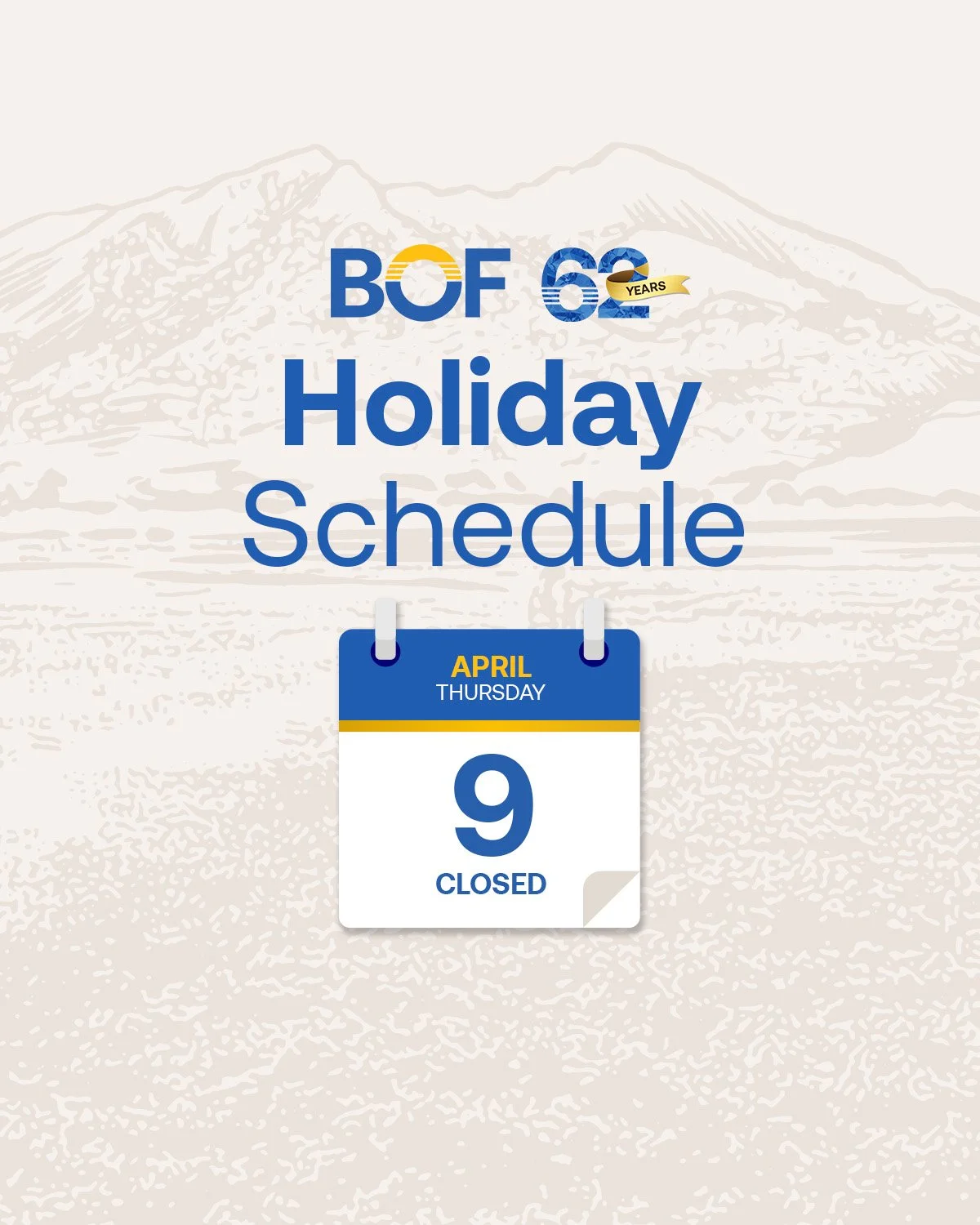 #BankAdvisory

Please be informed that all BOF branches will be closed on the upcoming holiday, April 9, 2026 (Thursday).

Regular banking operations will resume on the following banking day, April 10, 2026 (Friday). Please plan your transactions acc