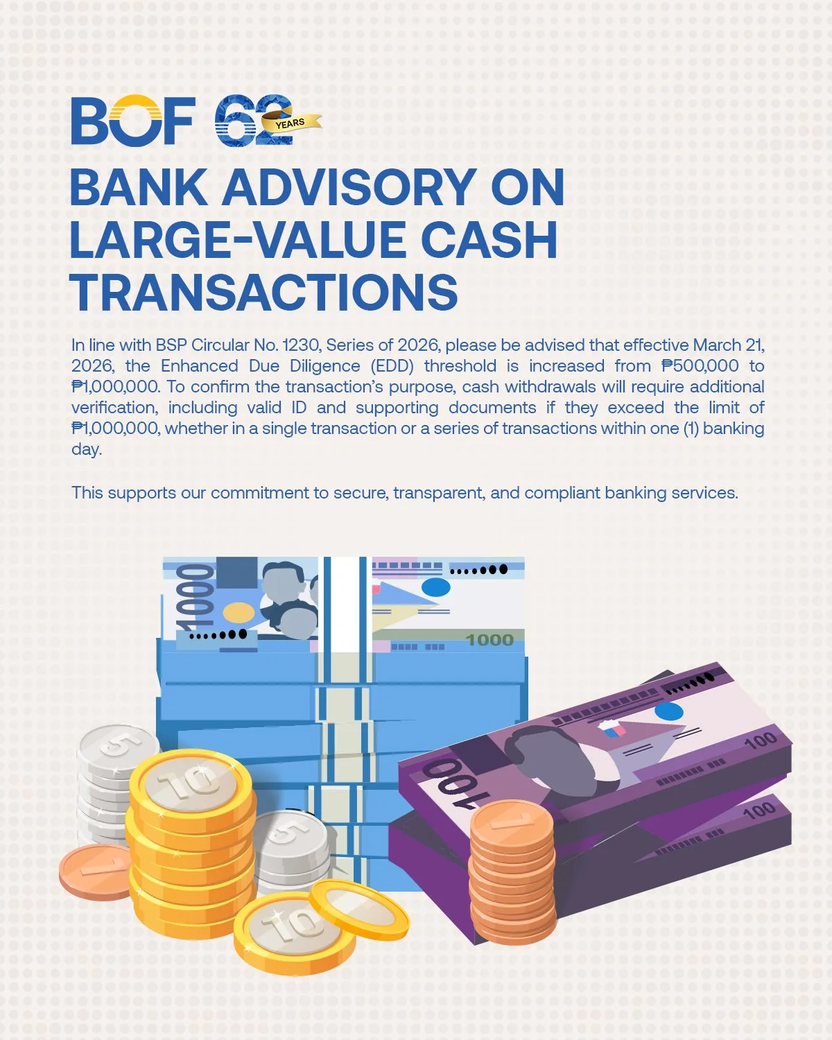 In compliance with BSP Circular No. 1230, Series of 2026, BOF informs its valued clients that starting March 21, 2026, large value cash payouts exceeding ₱1,000,000 will require additional verification through the submission of valid IDs and supporti
